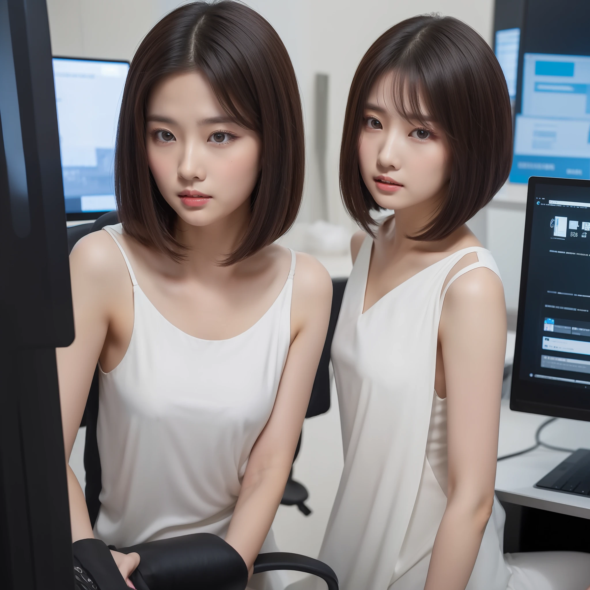 ((Top Quality,8K,tmasterpiece:1.3)),1girll,bob-cut hair,Sit at a computer desk,The computer is working,White slip dress,White color blouse,Detailed face,二重まぶた,