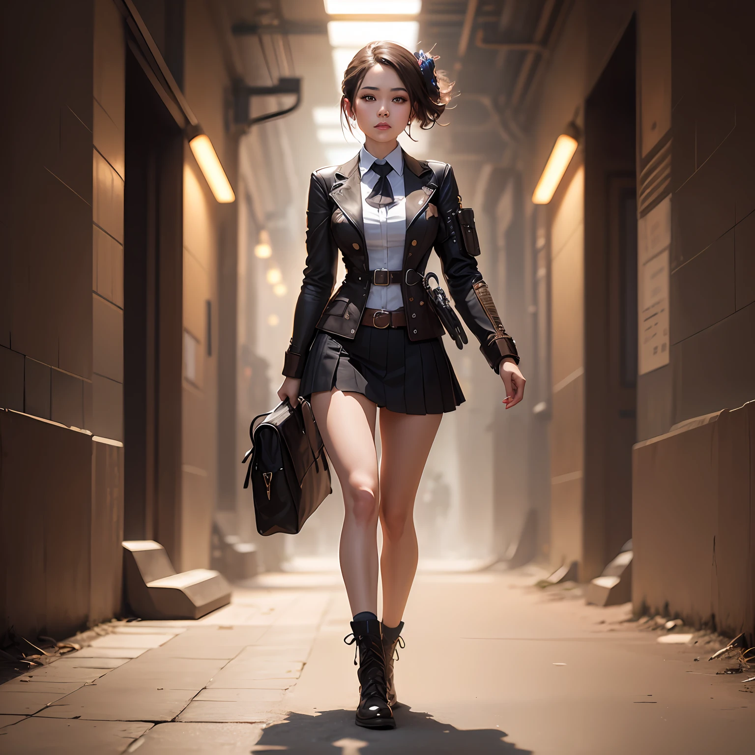 a miniskirt|full body portrait painting|detailed face with|Symetrical|steampunc|cyberpunked|hi-school girl|intricate-detail|Scale|surrealistic|电影灯光|digitalart|concept-art| mdjrny-v4 style --auto
