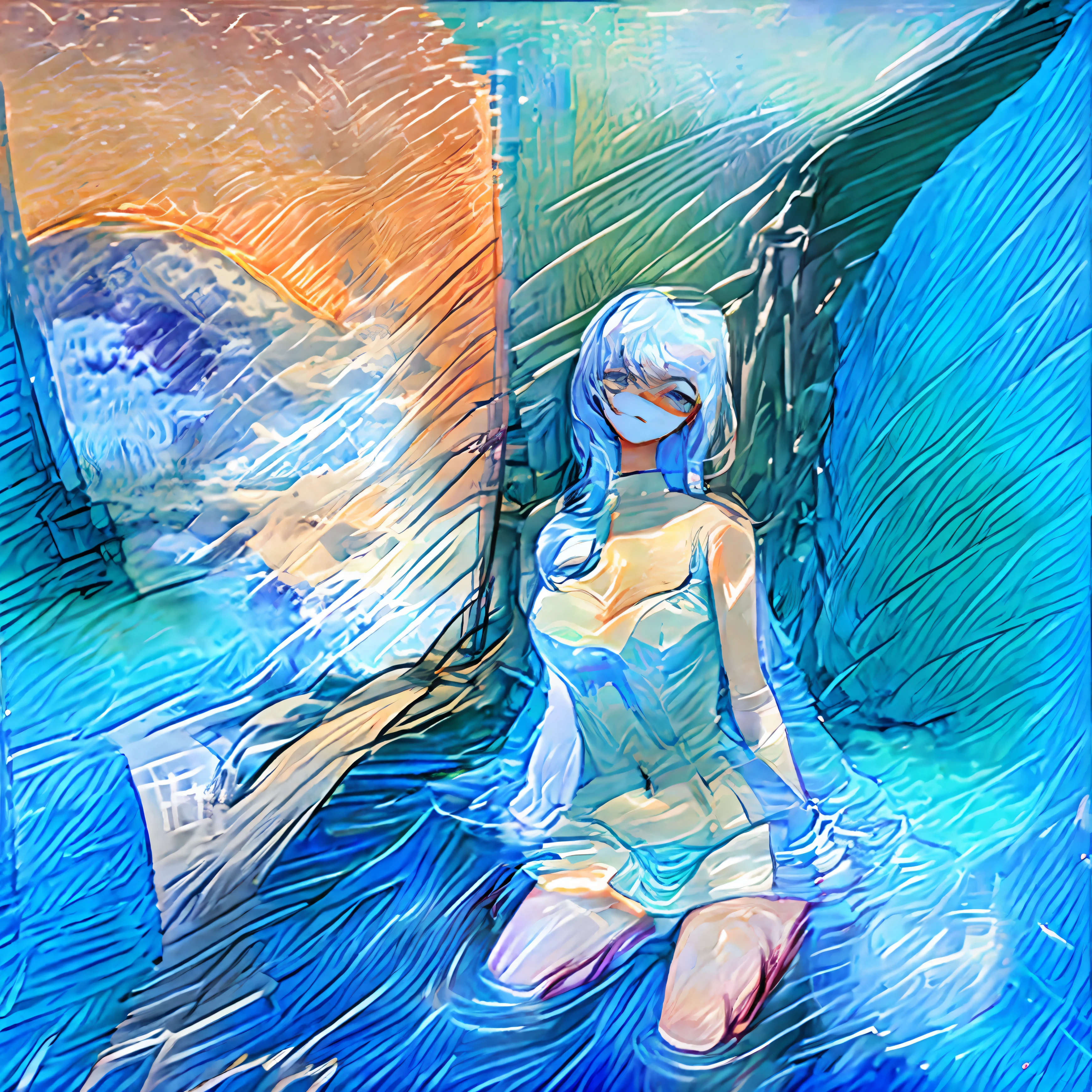 On the railing next to the moat,The beauty in the blue dress leaned sideways against the railing,Sunset over the river,Reflected in the water like blood