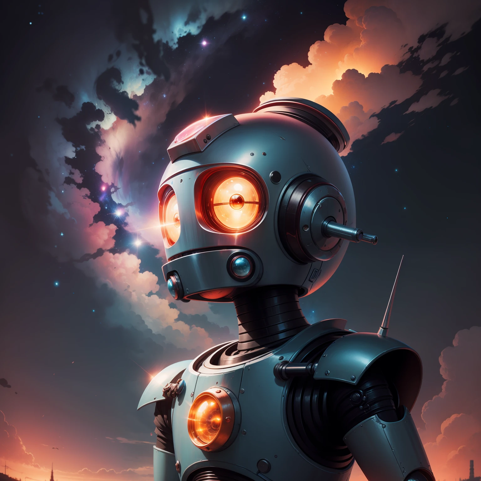 Small bender futurama robot, com olhos bem grandes, com cores azul brilhante, metallic rose, Estilo cyberpunk, with highly detailed sky with nebulae