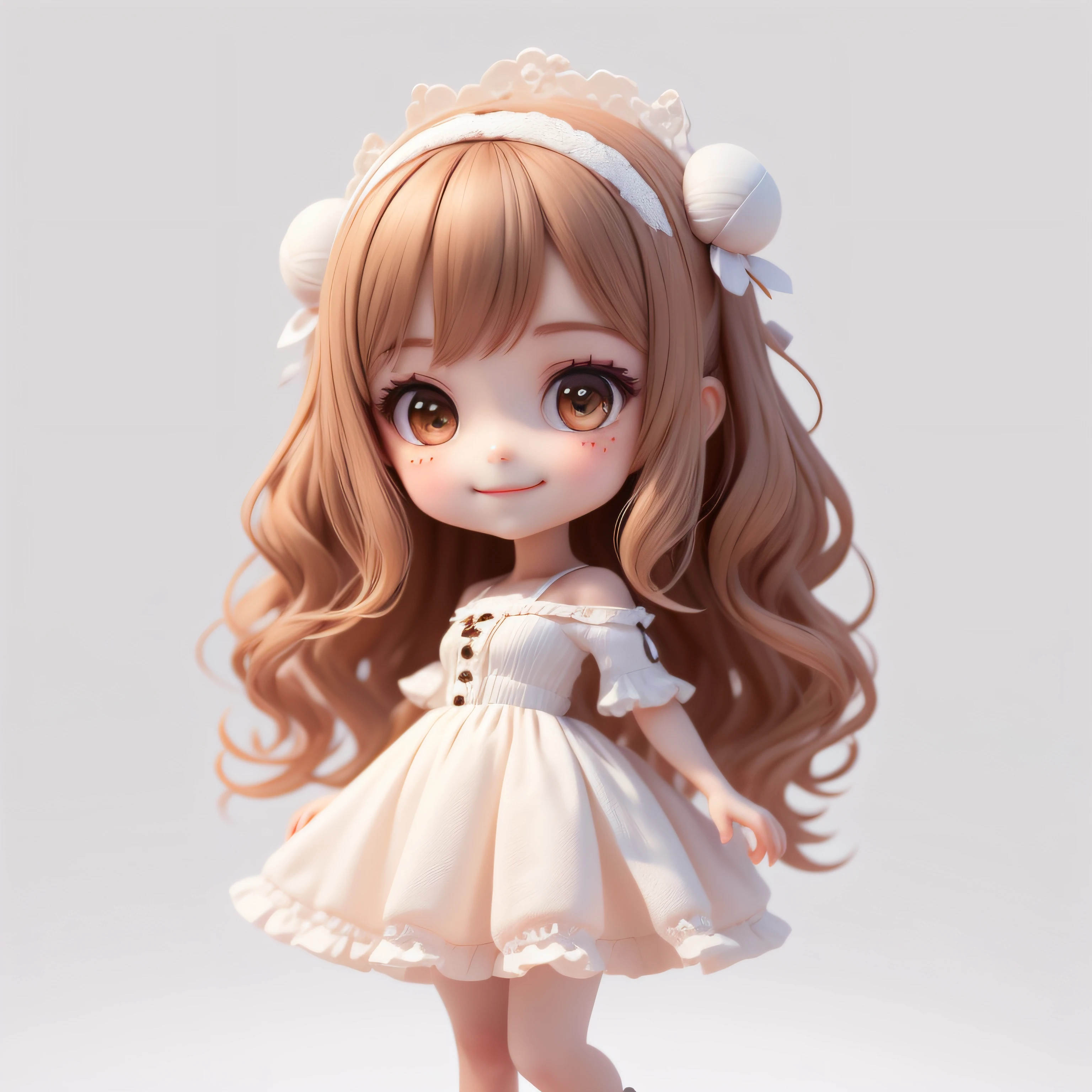 (Masterpiece), (Best Quality), (Ultra Detailed), (Full Body: 1.2), Chibi, Cute, Morning Light, White Background, Holding Ice Cream Cone, Front View, Bokeh, Supersaturated, Color Contrast: 1.1, Surreal, Digital Art, Art Station, 1 Girl, Smile, Brown Wavy Long Hair, Brown Eyes, White Dress with Ruffles, Off-the-Shoulders, Blush, (Beautiful Detailed Face)