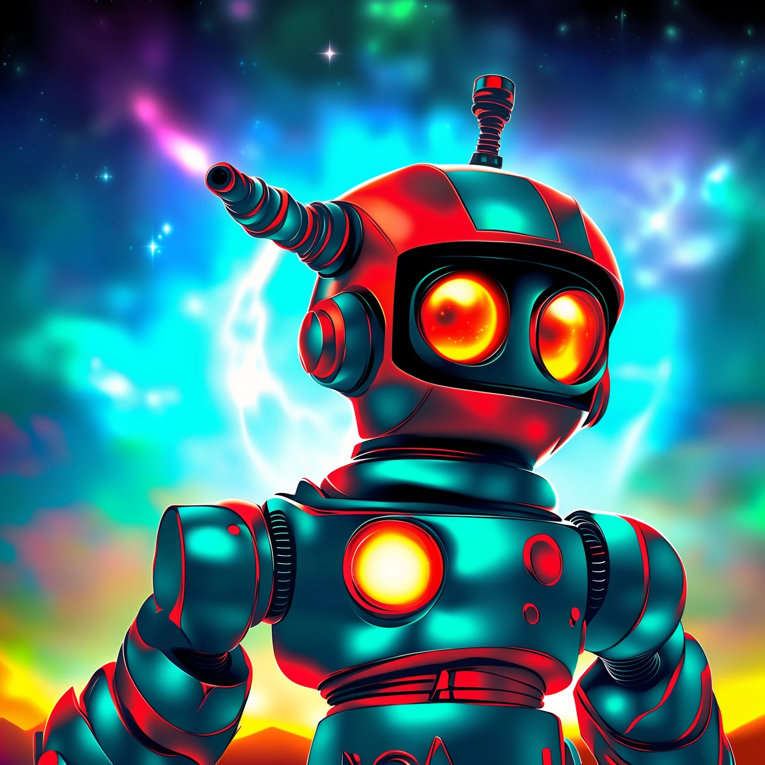 Small bender futurama robot, com olhos bem grandes, com cores azul brilhante, metallic rose, Estilo cyberpunk, with highly detailed sky with nebulae --auto
