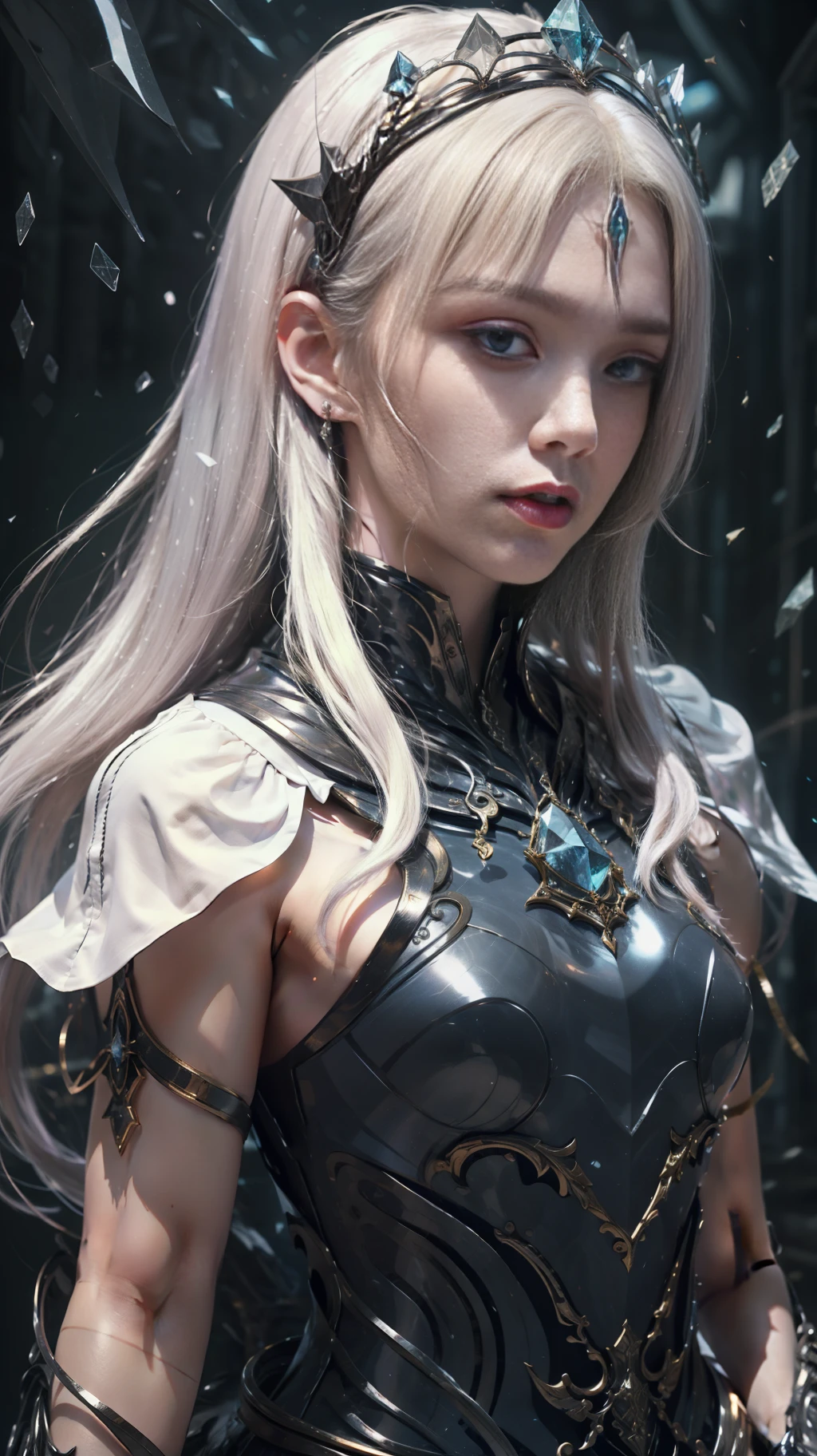 white color hair,length hair,Crystal crown,Blue costume,Upper body body,Need,tmasterpiece