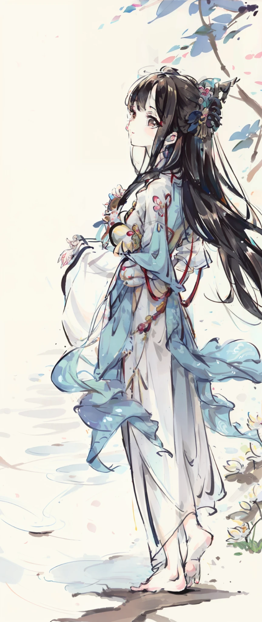 ((4k,masterpiece,best quality)), shuimobysim, traditional chinese ink painting, lotus, hanfu, maxiskit, dress conservatively 1girl, solo, long blue hair, smile, standing, feet in the water, barefoot,