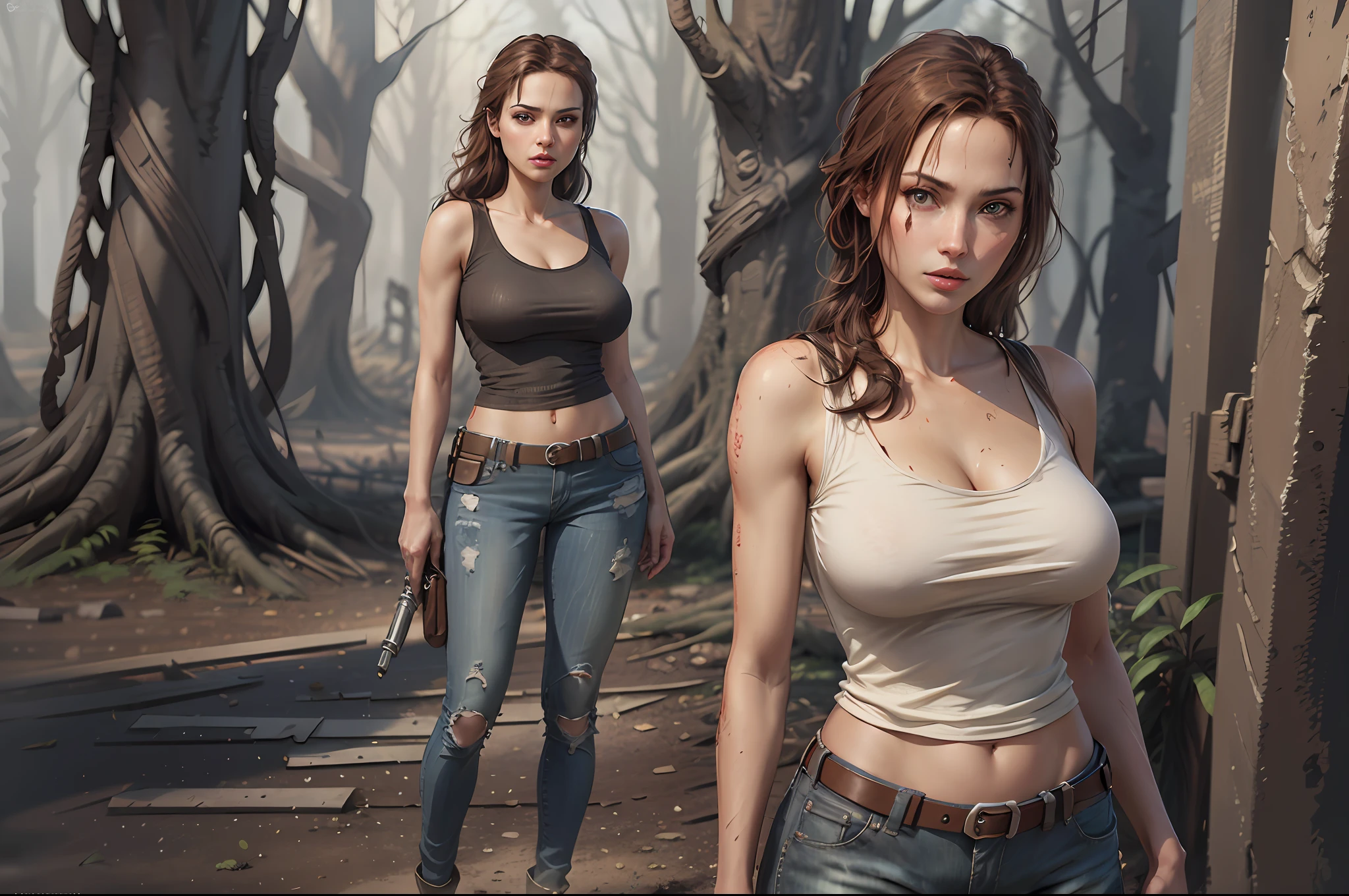 (((8k, RAW Photo, Best Quality, Masterpiece: 1.4))), ultra high-resolution, Ultra Detailed, realistic, Young female approximately 20 years old, short brown hair, blue eyes, medium , wearing jeans and a blouse low cut, Lara Croft in rise of the tomb raider, (laracroftsd) as scifi character, ultra realistic digital art, highly detailed, digital painting, artstation, concept art, soft, sharp focus, artgerm illustration, full body shot, wearing jeans and blouse with neckline, forest, ancient ruins --auto