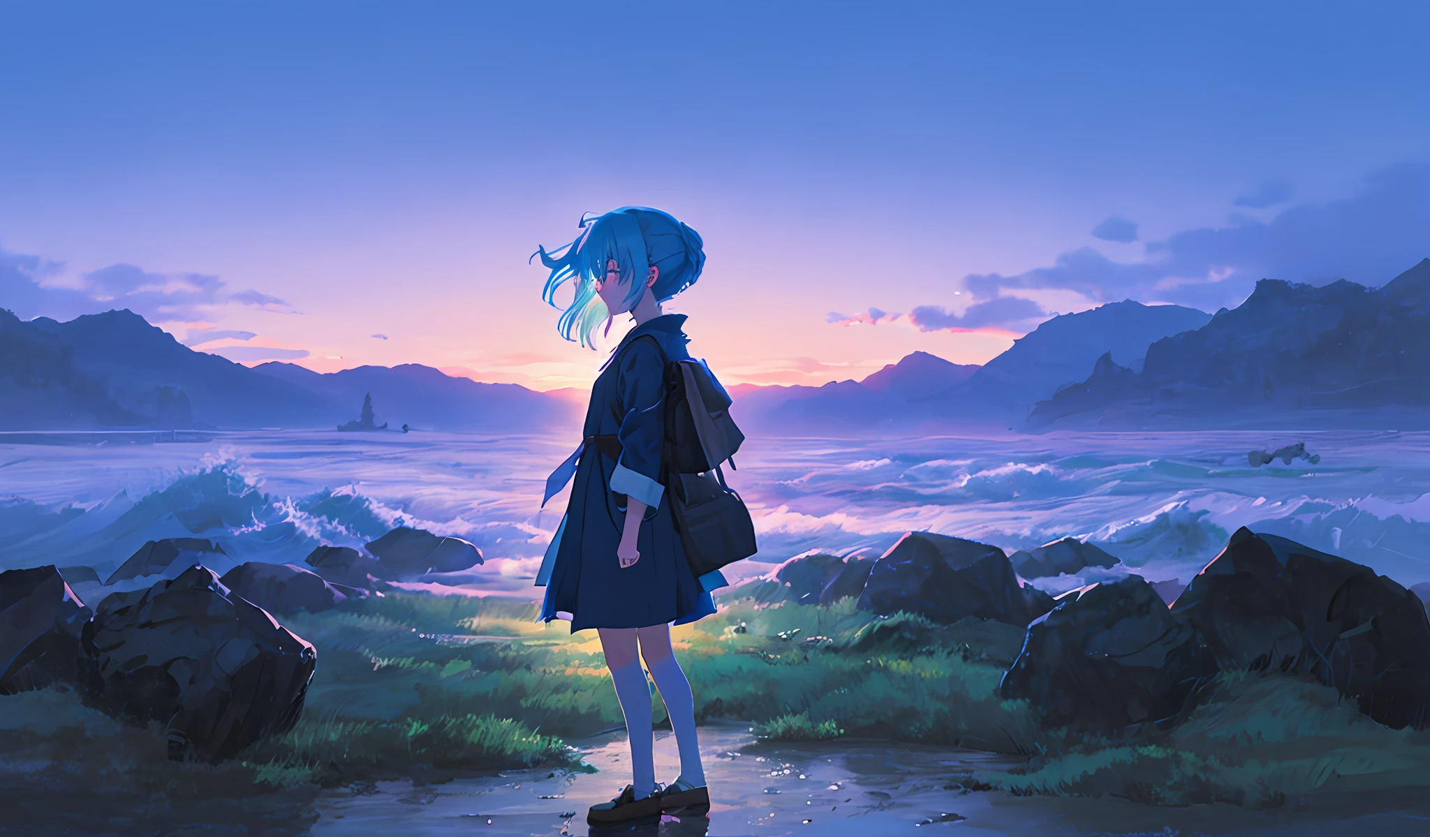 hiyao miyazaki，Guibli，scenecy，White pupils，gradient red, Blue, green haired girl in the water，a sense of atmosphere，nigth，Solitude，adolable，4K masterpiece，A sense of solitude