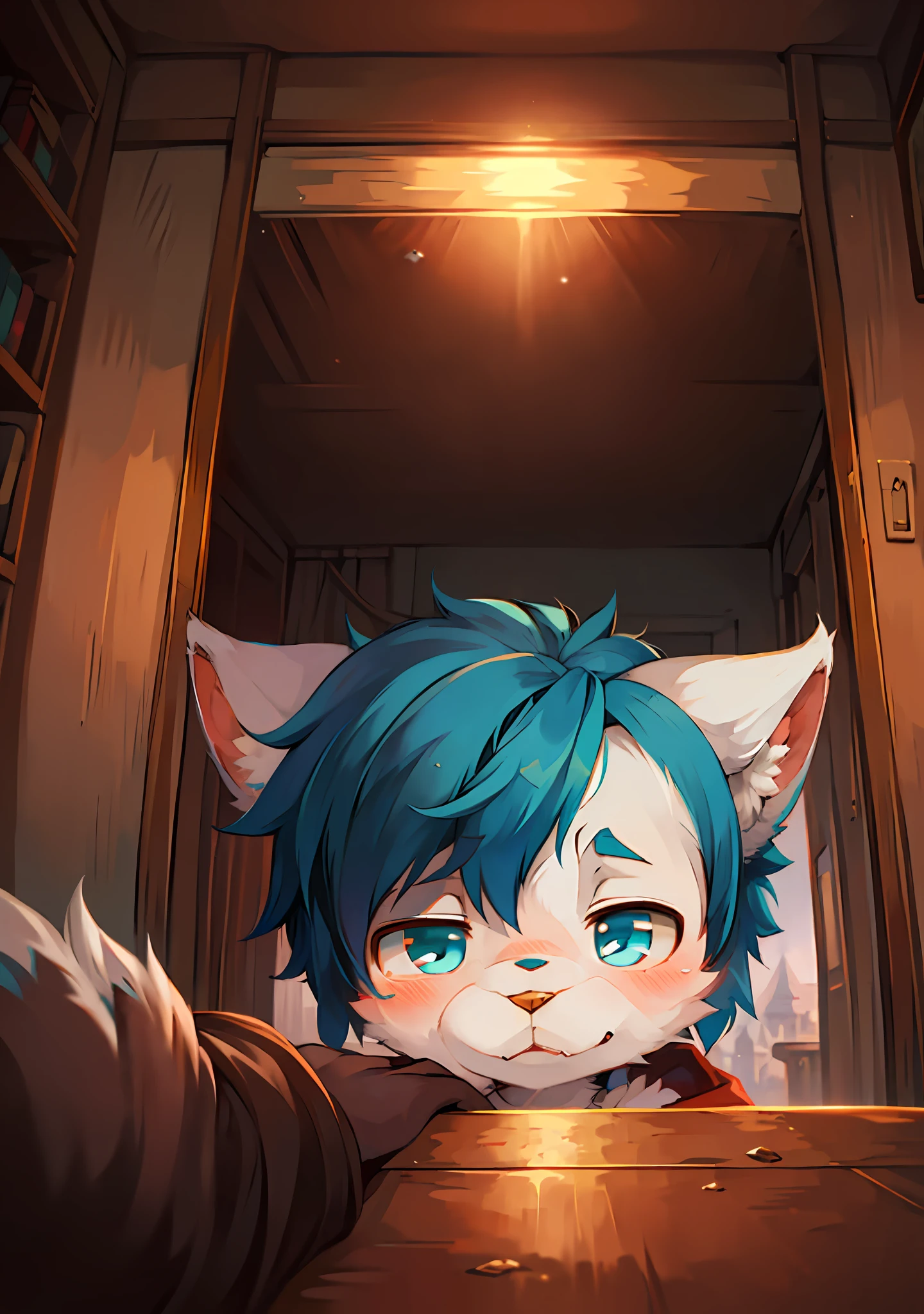 (ambiente dark:0.8),masterpiece,high quality,abstract res,digital painting\(artwork\), by dagasi, yupa,kiyosan,(anthro,fluffy fur,character focus:1.1),anthro male cat,short hair,portrait , eyes with brightness, full room view, Character focus.(detailedbackground:0.7), 独奏, shaggy, shaggy male, malefocus, anthr,(Full Body Furry, Fluffy tail, Cyan fur, blue color eyes, Off-white hair:1.2), (long canines、traveller、wind coat：1.2），（interiors、Morning、the top of the hill：1.1）