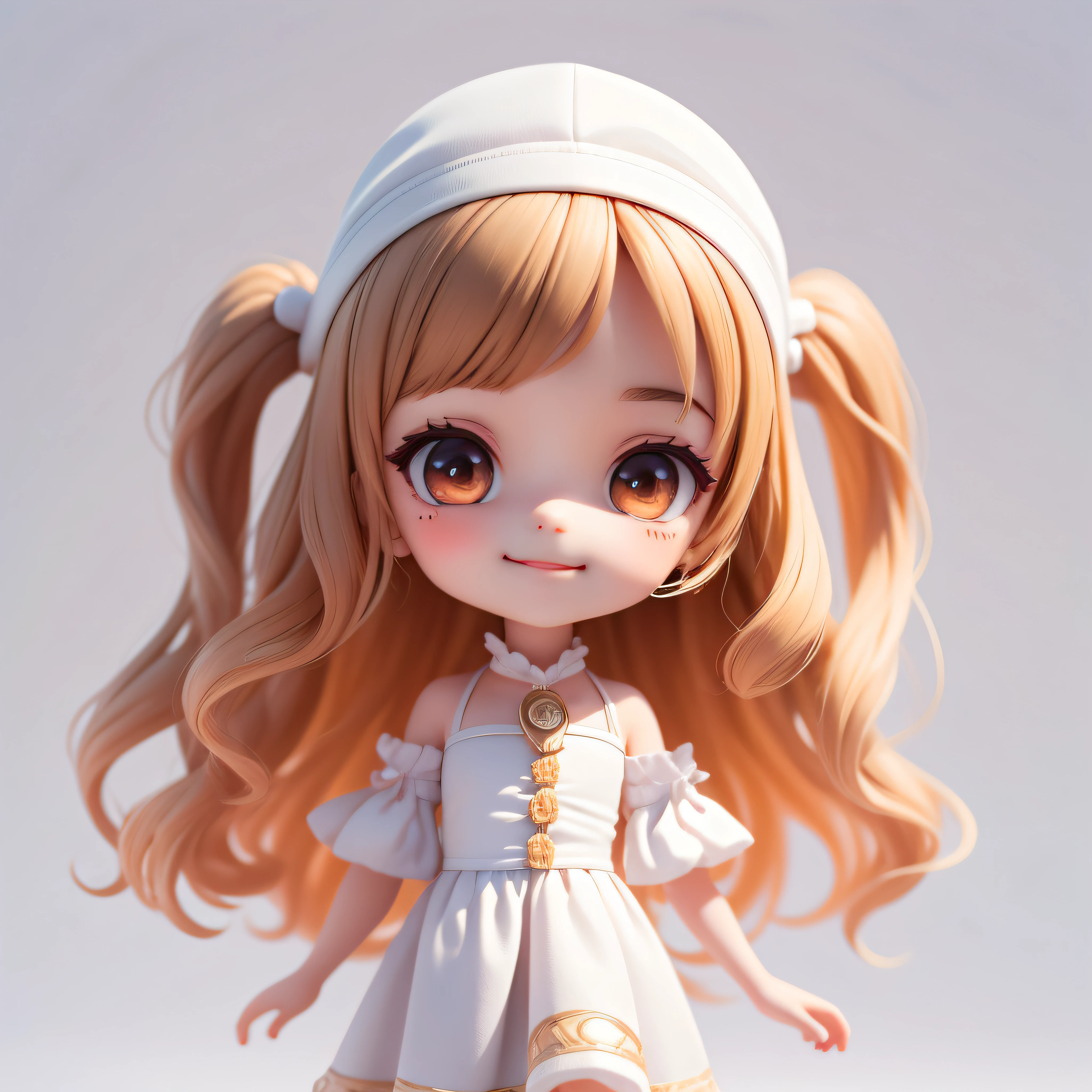 (tmasterpiece),(best qualtiy),(ultra detali),(full bodyesbian:1.2),tchibi,adolable,morningglow,White background,Hold an ice cream cone,the sideview,bokeh,Supersaturation,Color contrast:1.1,hyper realisitc,number art,art stations,1girll,ssmile,long brown wavy hair,with brown eye,White dress with ruffles,Exposed shoulder,Blushlush,(Beautiful detailed face)