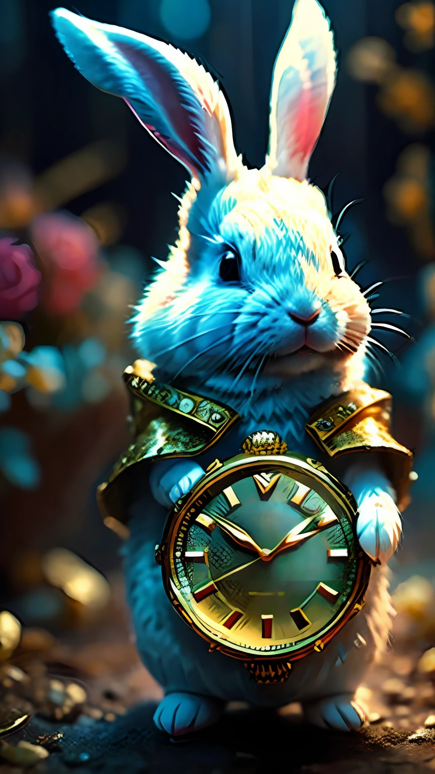 A white rabbit holds a gold watch，Como o tema de Van Gogh，com de《Pais cyberpunk》Alice juntos, ULTRA DETALHADO