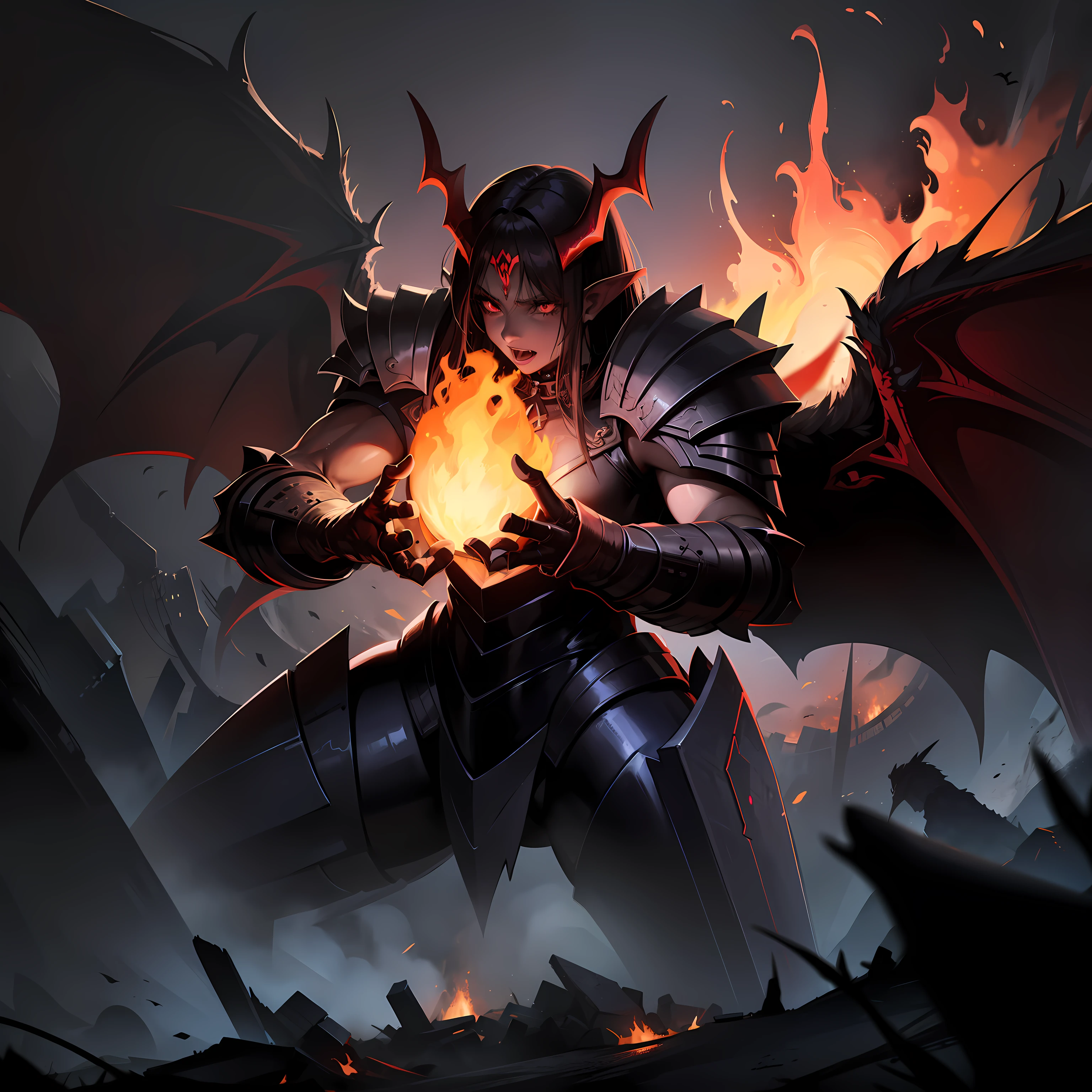 (mysterious darkness+ominous atmosphere),devil women, sharp horns, strong muscles, colorful tattoos, red eyes, long hair,black armor,wings,[fire effects:1.2], smoke, burning cityscape, apocalyptic, fierce, intense action