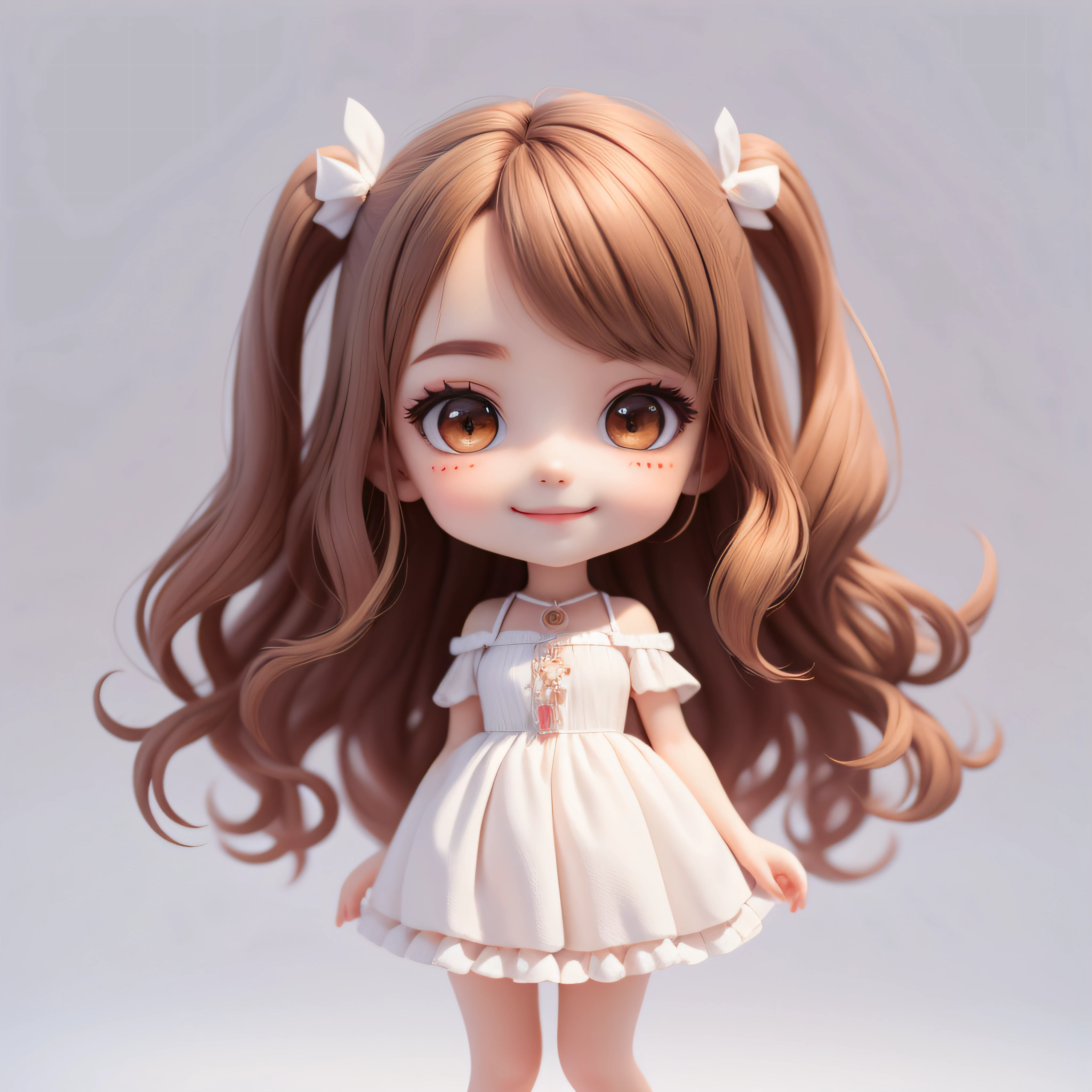 (Masterpiece), (Best Quality), (Ultra Detailed), (Full Body: 1.2), Chibi, Cute, Morning Light, White Background, Holding Ice Cream Cone, Front View, Bokeh, Supersaturated, Color Contrast: 1.1, Surreal, Digital Art, Art Station, 1 Girl, Smile, Brown Wavy Long Hair, Brown Eyes, White Dress with Ruffles, Off-the-Shoulders, Blush, (Beautiful Detailed Face)