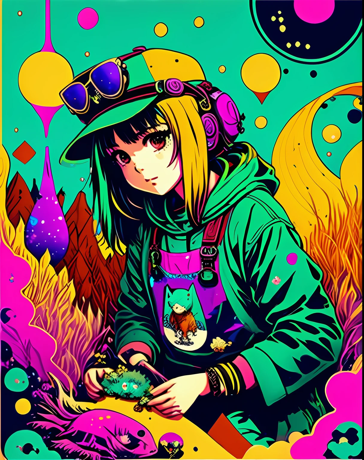 Photo of an explorer with an axolotl as a pet inside the space with a psychedelic backgroun, estilo de Laurie Greasley, Studio Ghibli, Akira Toriyama, James Gilleard, Genshin Impact, Trending Pixiv Fanbox, acrylic palette knife, 8K, cores vibrantes, DevinArt, trendin on artstation, Detalhes baixos, escrita em letras estilo rock n roll, a palavra KAMIZART.COM