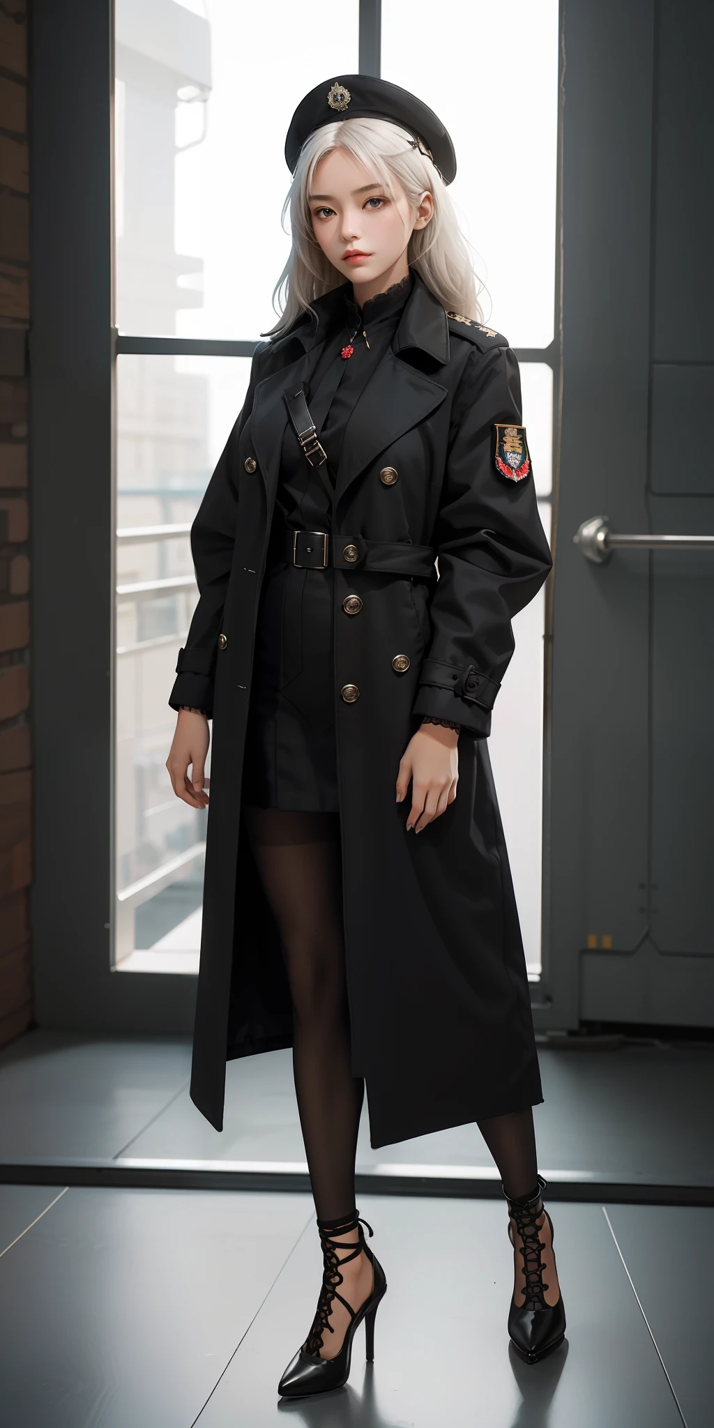 1girll,white color hair,Wear a black flower on your head,Wearing a black gauze tights,Wear a black wristband,Black lace-up heels,Wearing a black military uniform overcoat,The inside of the coat is red,perfectly proportioned, Cinematic lighting, filmgrain, Fujicolor, lightand shade contrast, 8K, 巨作, Textured skin, Super detail, hoog detail, High quality, A high resolution,