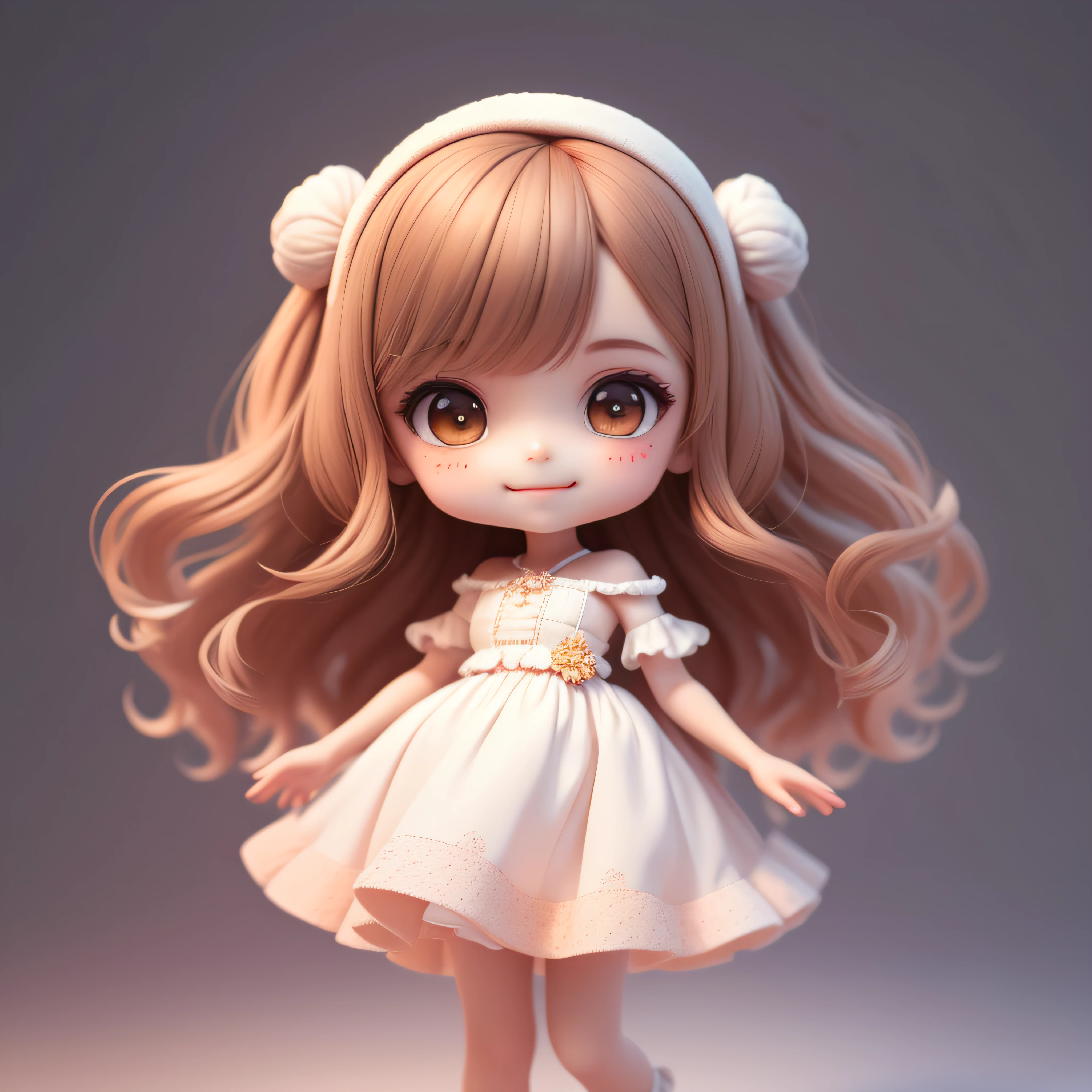 (Masterpiece), (Best Quality), (Ultra Detailed), (Full Body: 1.2), Chibi, Cute, Morning Light, White Background, Holding Ice Cream Cone, Front View, Bokeh, Supersaturated, Color Contrast: 1.1, Surreal, Digital Art, Art Station, 1 Girl, Smile, Brown Wavy Long Hair, Brown Eyes, White Dress with Ruffles, Off-the-Shoulders, Blush, (Beautiful Detailed Face)