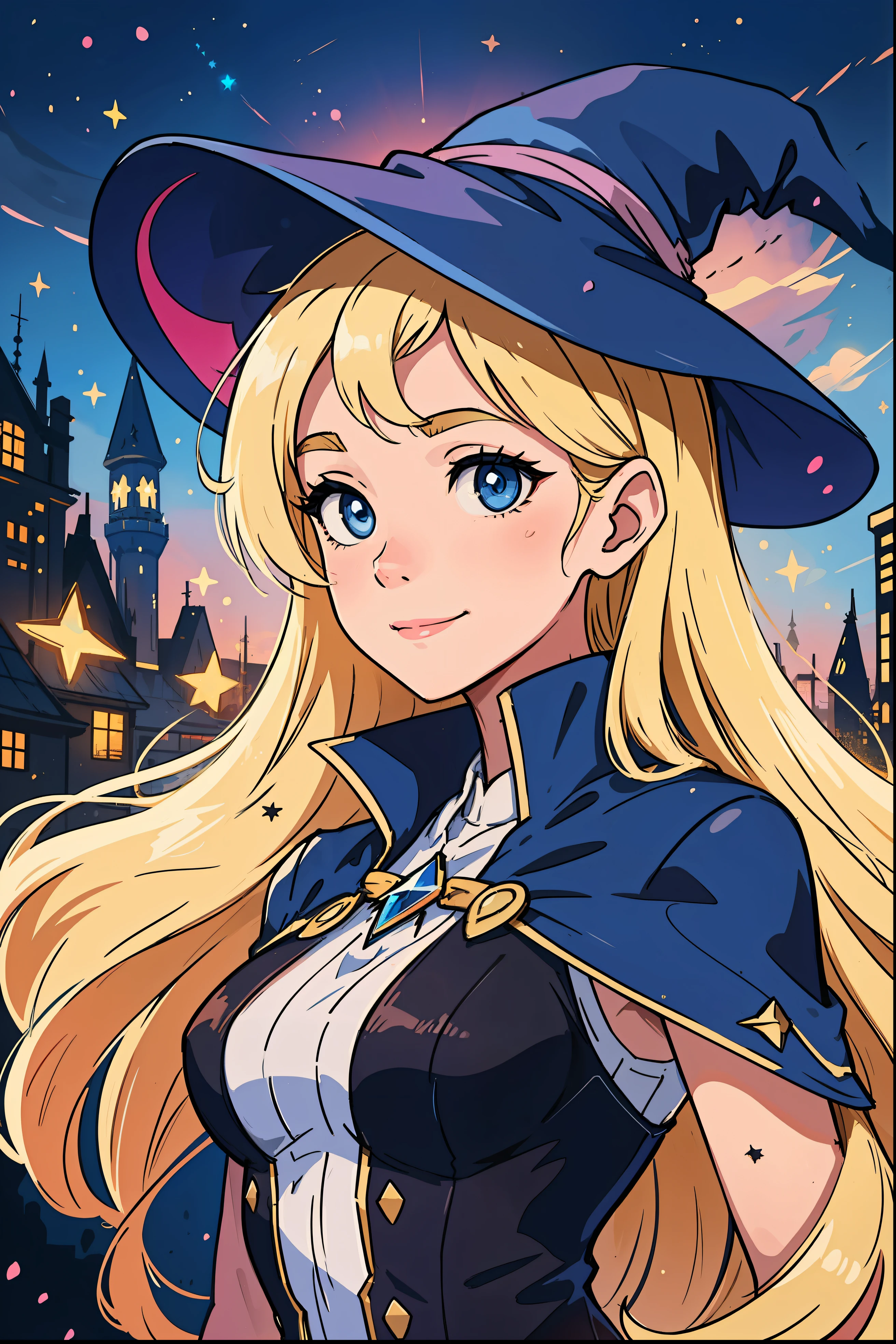 The perfect masterpiece,Highest quality,Perfect artwork,8K,Upper Body Lens,front portrait,Delicate face,Face Close-up,Watching the audience, Wizard apprentice girl,(pointy royal blue witch hat:1.3),(white star print on hat:0.8),Magical transparent eyes,(dirty blonde hair:1.2),(young:1.4),(small breasts:1.3),large eyes,happy,warm smile,slender,slim build,thin waist,(💖:1.3),Digital Art,plane illustrations,colorful illustration,minimalist style,anime cartoon style,glowing magical effects, fantasy city background