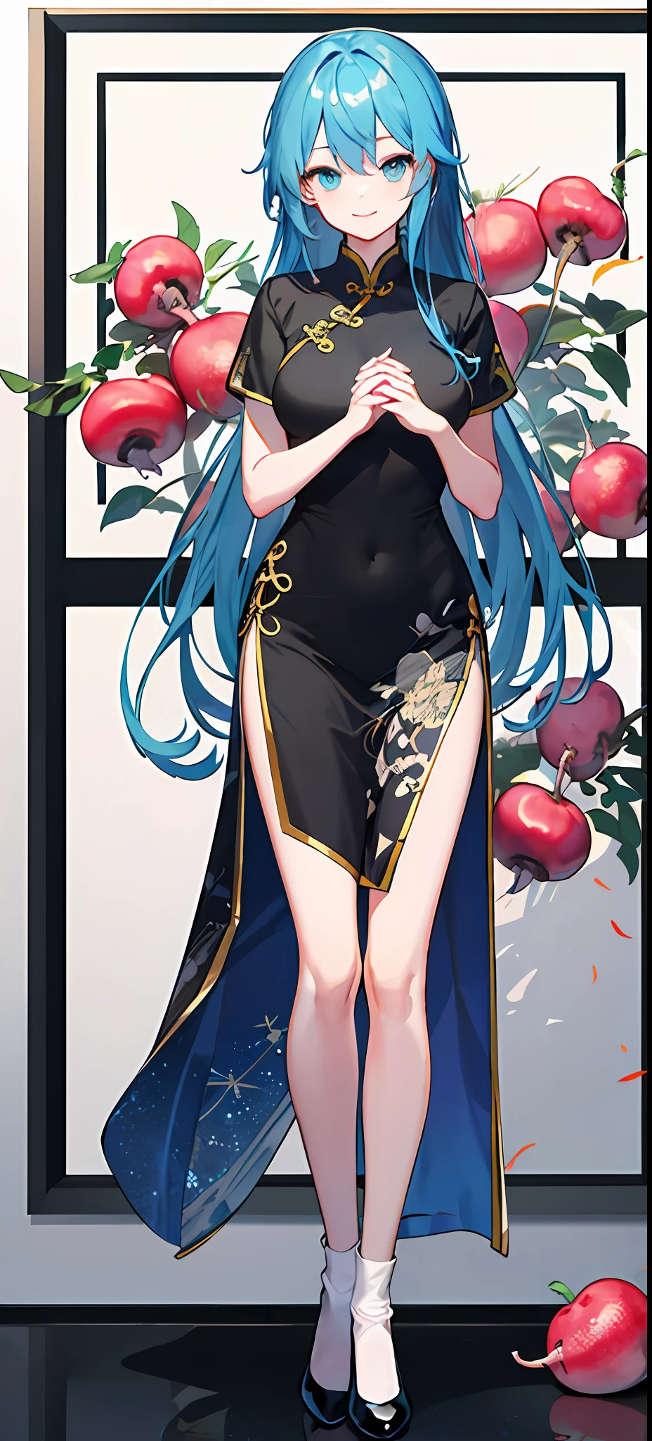 Tallbody、hugebreast、blue  hair，Long hair、China Cheongsam、Long cheongsam、Black gold silk cheongsam、Long black socks、blue color eyes、frontage、full bodyesbian、ssmile、solo person、Adults、Radish legs、plumw、Fashionab、standing straight、Fold your hands to your chest