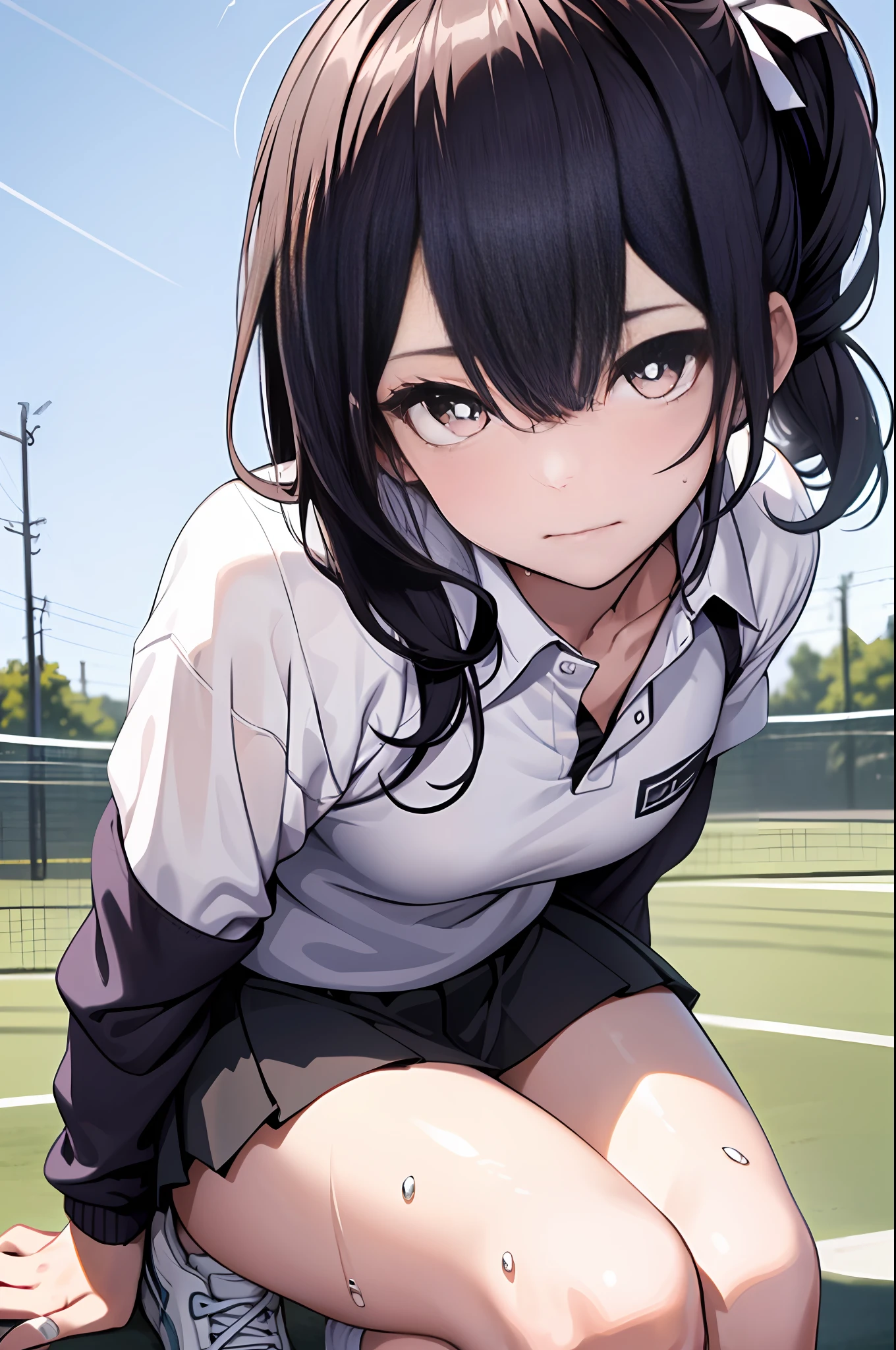 (Best Quality, High Resolution, Masterpiece: 1.3), 1girl, solo, tennis suit, white polo shirt, white sneakers, white mini skirt, masterpiece, best quality, realistic, ultra-detailed, slim, (shiny skin, sweating: 1.4), ridiculous, looking at the viewer, long double ponytail, black hair, brown eyes, dynamic light and shadow, high resolution, sharp focus, depth of field, detailed eyes, sharp pupils, realistic pupils, (small breasts: 1.3), (thick thighs: 1.1), outdoor, sky, white knee-length socks, white ribbon hair ornament