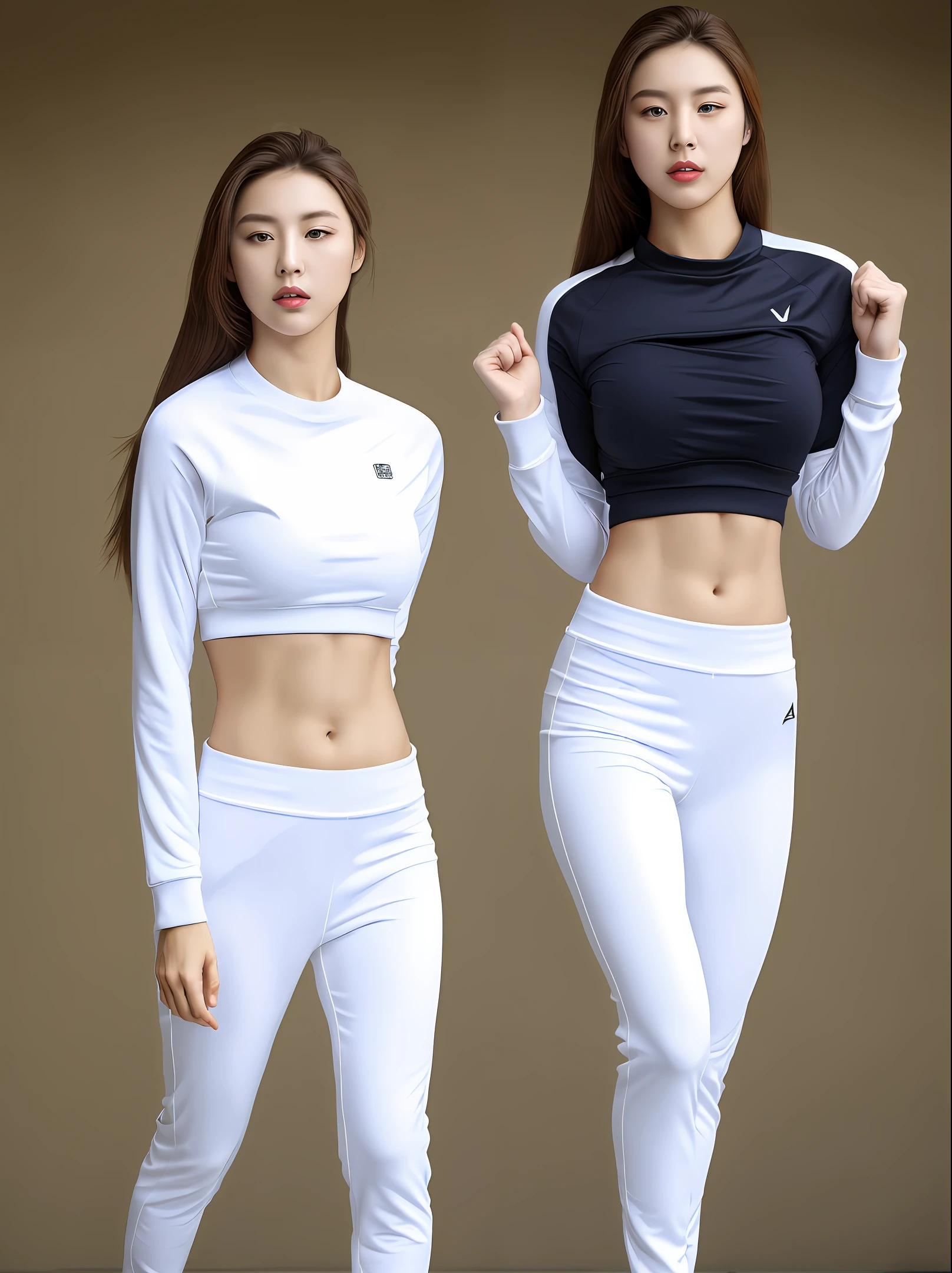 full bodyesbian， [hentail realism：1.1]， Instagram， tight tracksuit top， 24 years old female model， Beautiful young Korean woman， light-skinned， White skin of the， Long straight hair，， big breasts thin waist， Slim arms and legs， big pelvis，Stroke your breasts with both hands