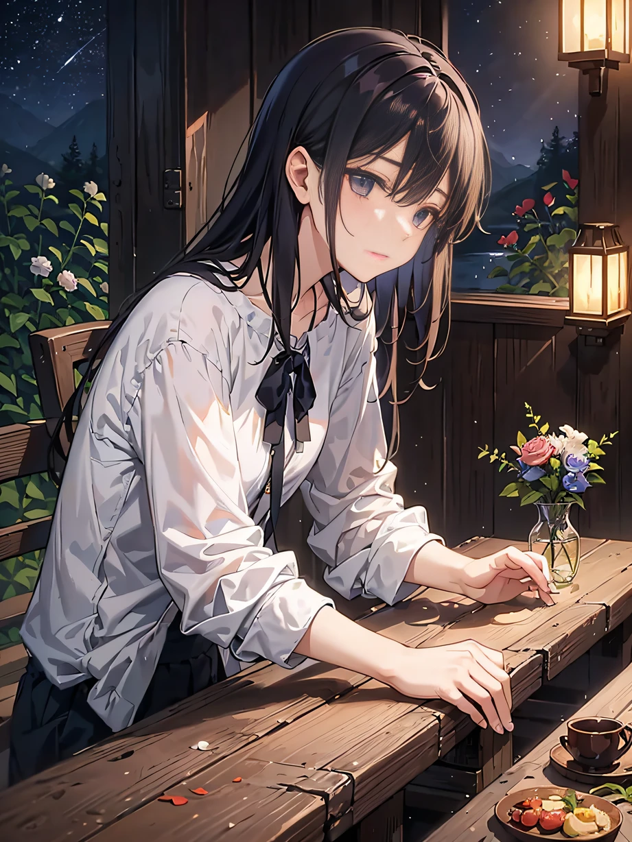 ,巨作, Best quality,8K, 超高分辨率,In a fantastic forest,The protagonist sits in front of a log cabin by the lake,Quietly gaze at the starry sky reflected on the lake。The night breeze blows the protagonist's long hair,The surrounding flowers exude a faint fragrance。The protagonist's eyes reveal loneliness and loss,He found solace in this tranquil environment。