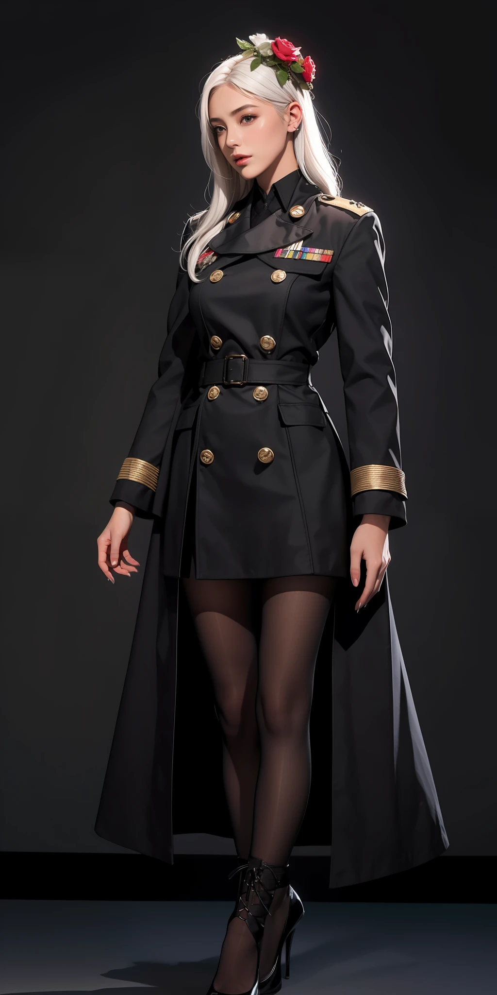 1girll，white color hair，Wear a black flower on your head，Wearing a black gauze tights，Wear a black wristband，Black lace-up heels，Wearing a black military uniform overcoat，The inside of the coat is red，perfectly proportioned, Cinematic lighting, filmgrain, Fujicolor, lightand shade contrast, 8K, 巨作, Textured skin, Super detail, hoog detail, High quality, A high resolution,