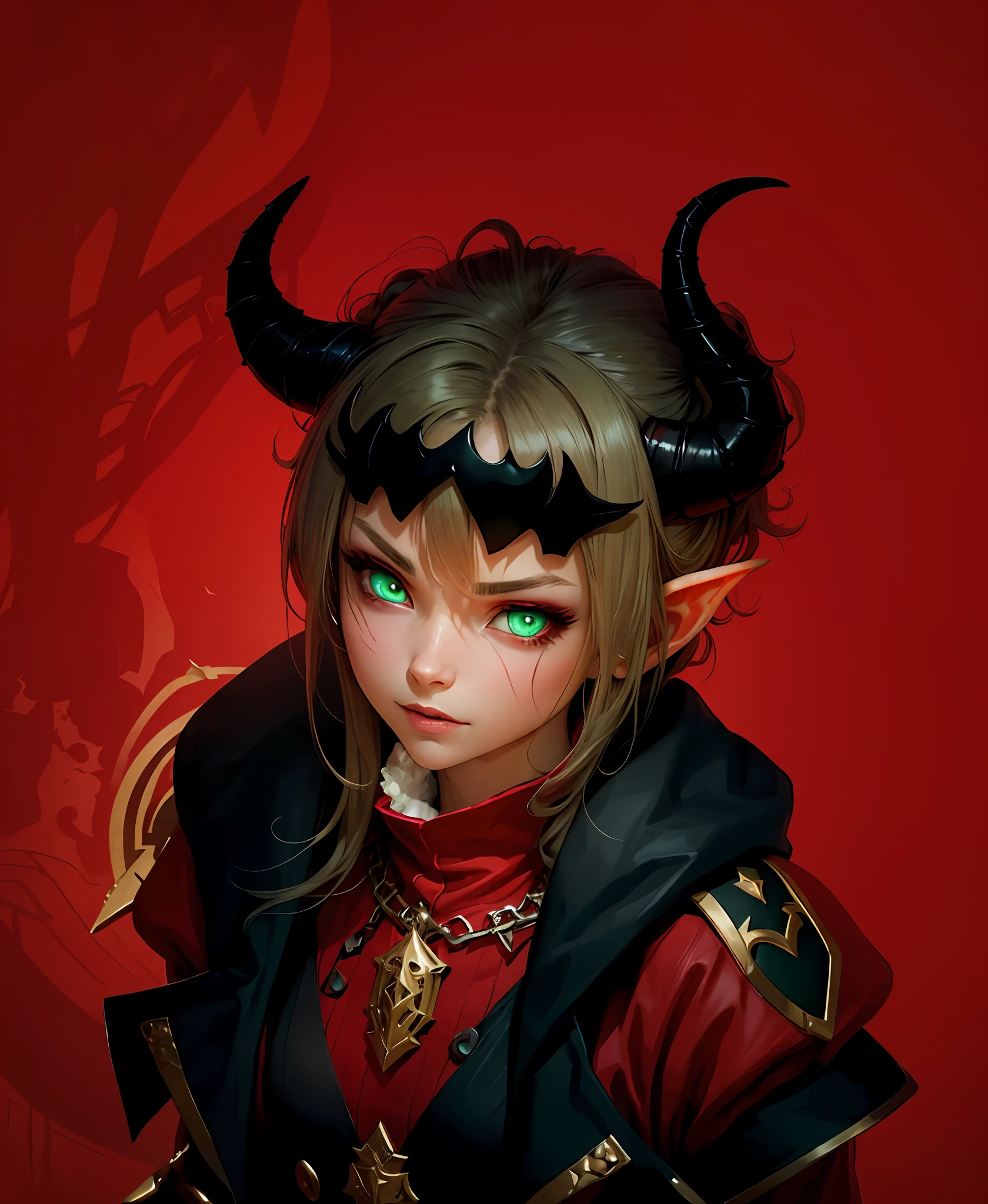 anime girl with horns and green eyes wearing a red outfit, With horns, horns and red eyes, tiefling, dnd portrait of a tiefling, tiefling rogue, oni horns, tiefling female warlock, devil horns, devious evil expression,
