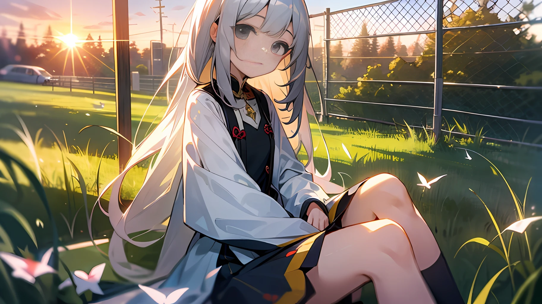 Highest image quality，The sunny sunset shines on the beautiful loli，Long and gray hair fluttering in the breeze，Dressed in fresh and simple clothing, sit quietly by the fence on the grass，An elegant and pleasant look。