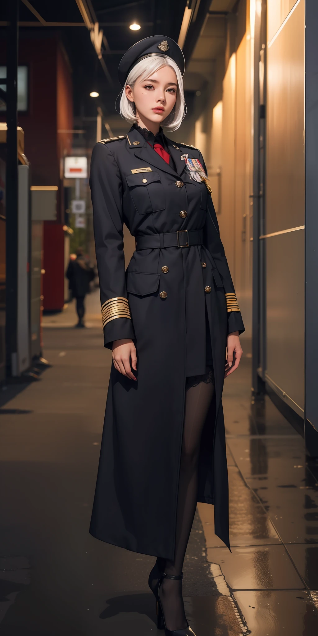 1girll，white color hair，Wear a black flower on your head，Wearing a black gauze tights，Wear a black wristband，Black lace-up heels，Wearing a black military uniform overcoat，The inside of the coat is red，perfectly proportioned, Cinematic lighting, filmgrain, Fujicolor, lightand shade contrast, 8K, 巨作, Textured skin, Super detail, hoog detail, High quality, A high resolution,