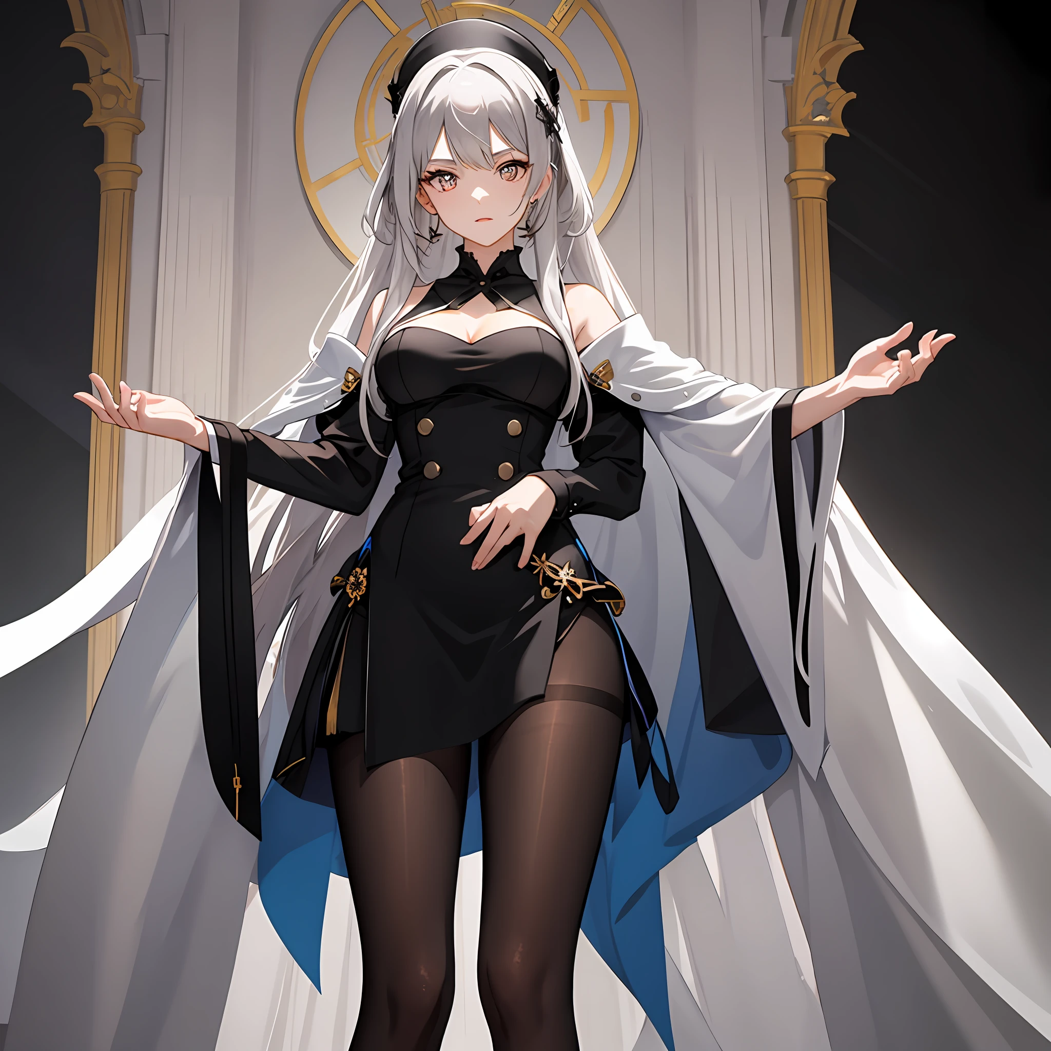 1个Giant Breast Girl!Ray traching,best shadow,Highest high resolution(dim murky lights)detailedbackground(liveroom)Fluffy silver hair,Busty and slender girl,With a high ponytail, avoid golden eyes in the ominous living room(Girl wears white shirt,See-through installation,Black wrinkled skirt,Wear yours with black sheer pantyhose)It shows a delicate and slender figure and beautiful curves,Limbs with correct and reasonable position!hand behind head,The fingers are slender and slender!Dignified standing,Details of face!The facial features are more delicate!Pay attention to the details of the position of the legs!Pay attention to hand details!highest-quality!More eligible!Reduce errors!Painting is more elaborate,Ultra-detailed CG,The picture is more reasonable!Add finger detail!tmasterpiece,Double pupil details!Facial detail optimization,Limit the number of fingers!Finger optimization!Dynamic angle,Complicated details:1.2,Clear focus,Exquisite features!8k wallpaper,Top illustration,depth of fields,Delicate eyes,Complete hands,There are no extra limbs