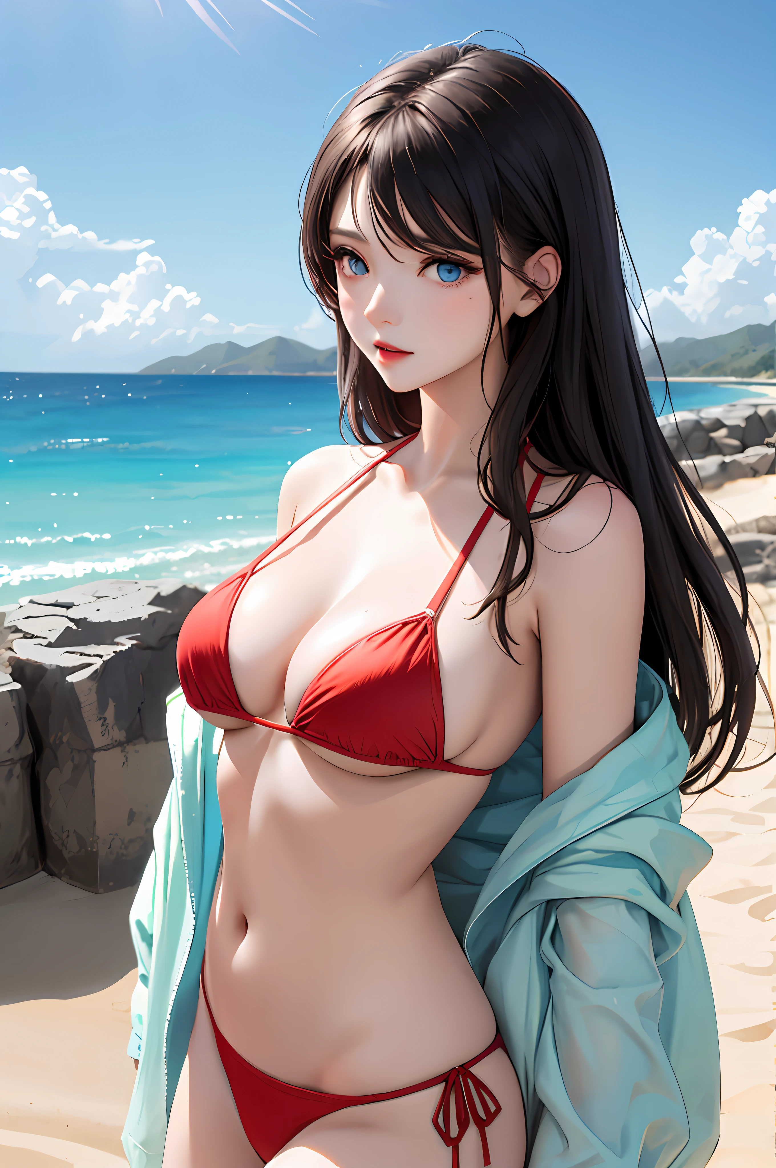 Beautiful girl,Wearing a red bikini,Long hair hanging down gently,Twinkle blue eyes,Beautiful sandy beach in the background,The picture is hazy,Penetrates moist air and gentle sunlight,It's heart-warming。