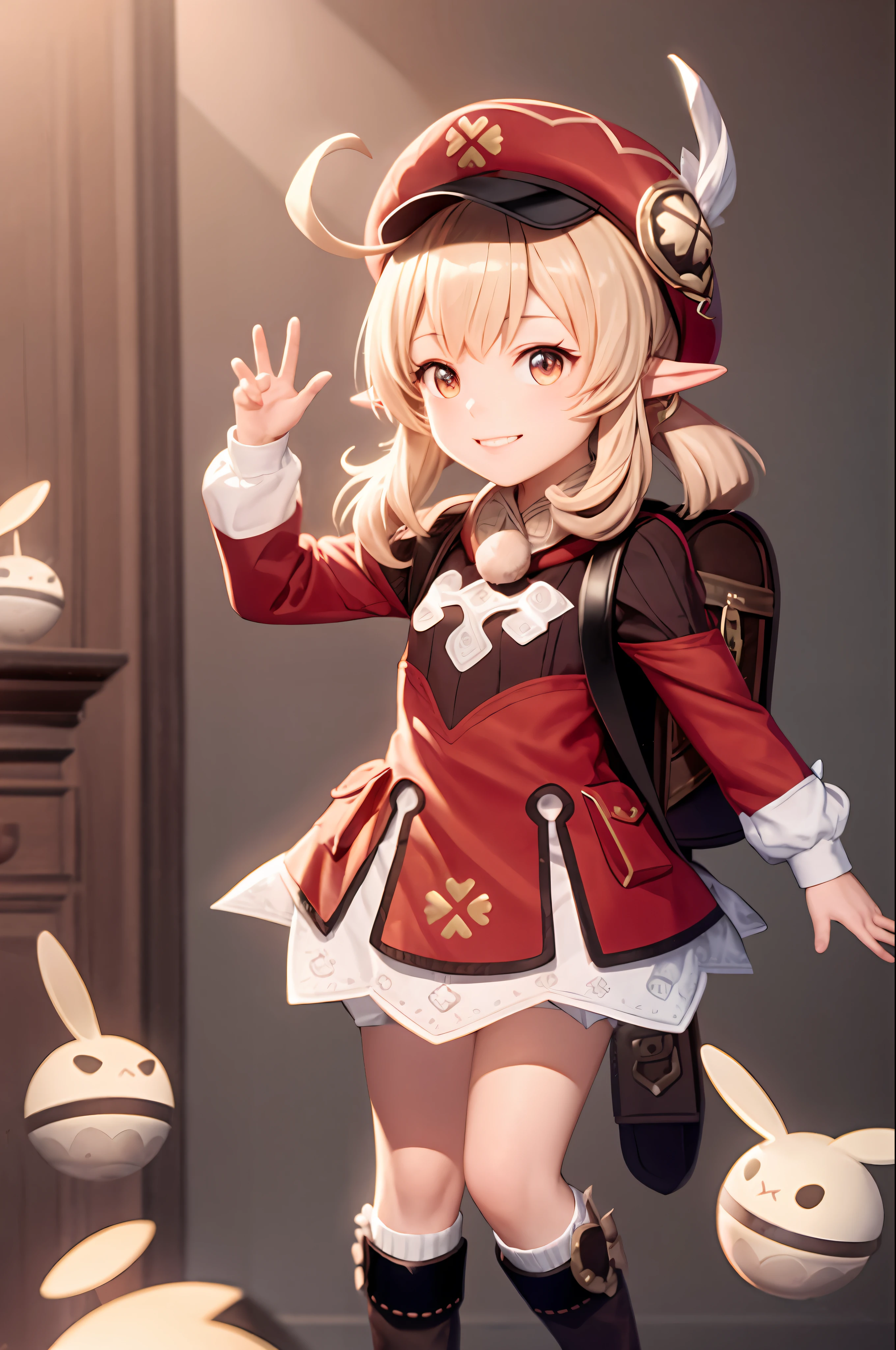 masterpiece, best quality, 1girl,smile,red hat,pointy ears,backpack,ahoge,dress,long sleeves,ribbed legwear,knee boots,dodoco \(genshin impact\), jumpy dumpty,charm \(object\), grey background,