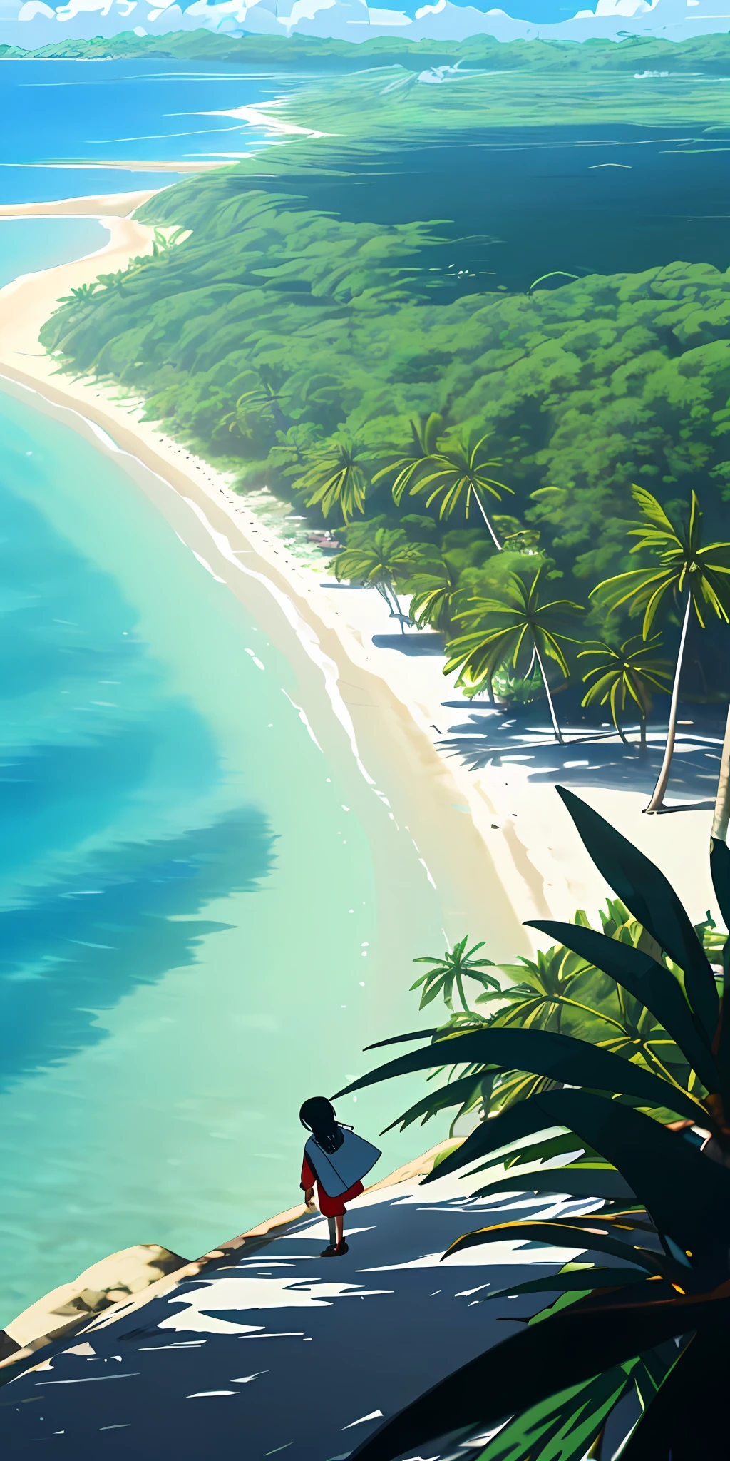 超高分辨率,ager on the beach on an isolated island,Next to coconut palms and dense jungle