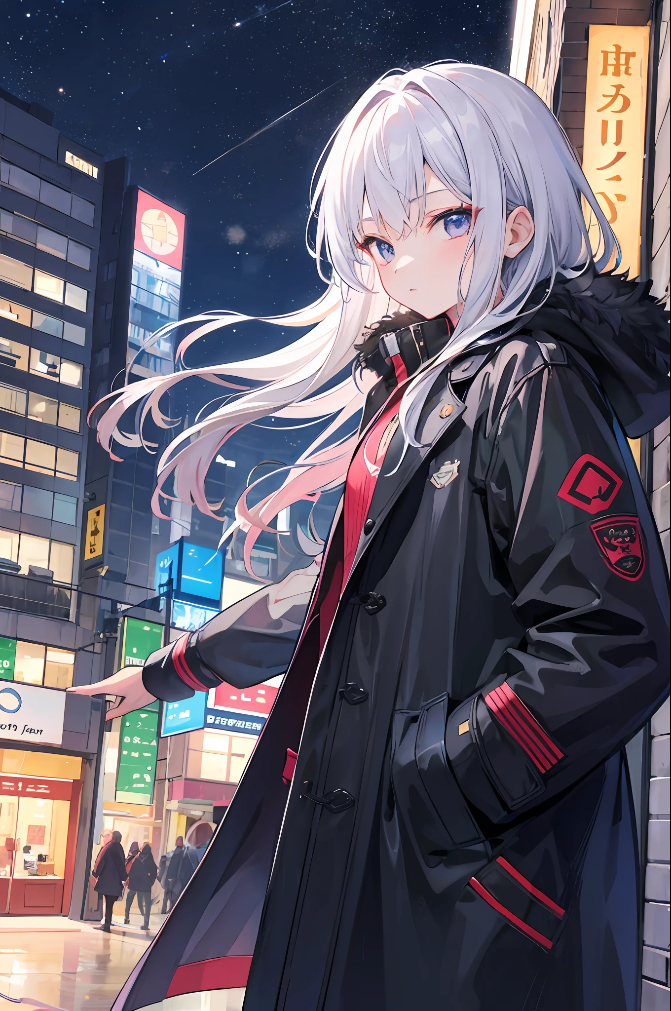 1girl,nightcity,Sateen,coat large,Put your hands in your pockets,Kiriko