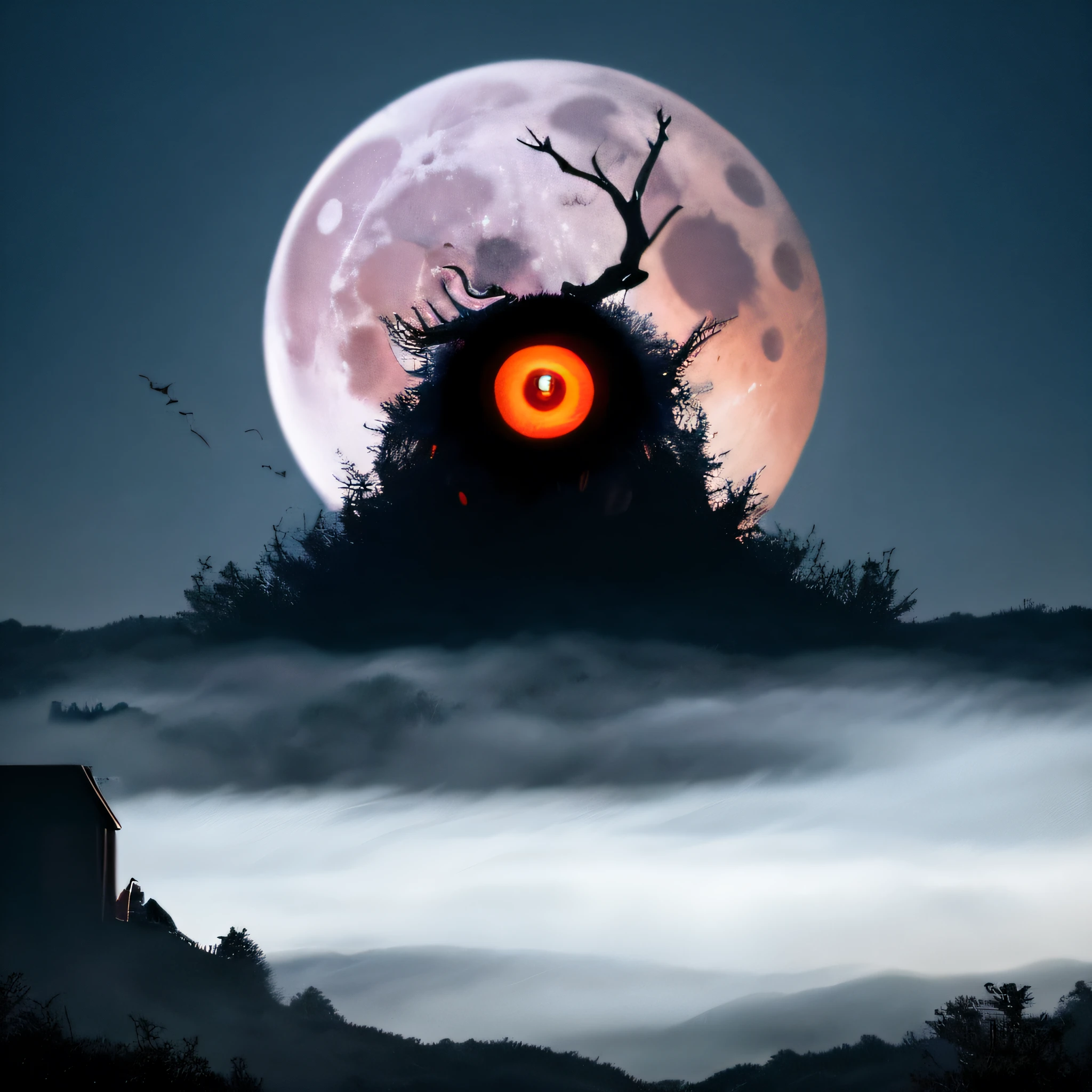 best quality, masterpiece, 
a monster, god, holy, fog, big red bleeding eye and blood moon as background,
elden ring, beagle