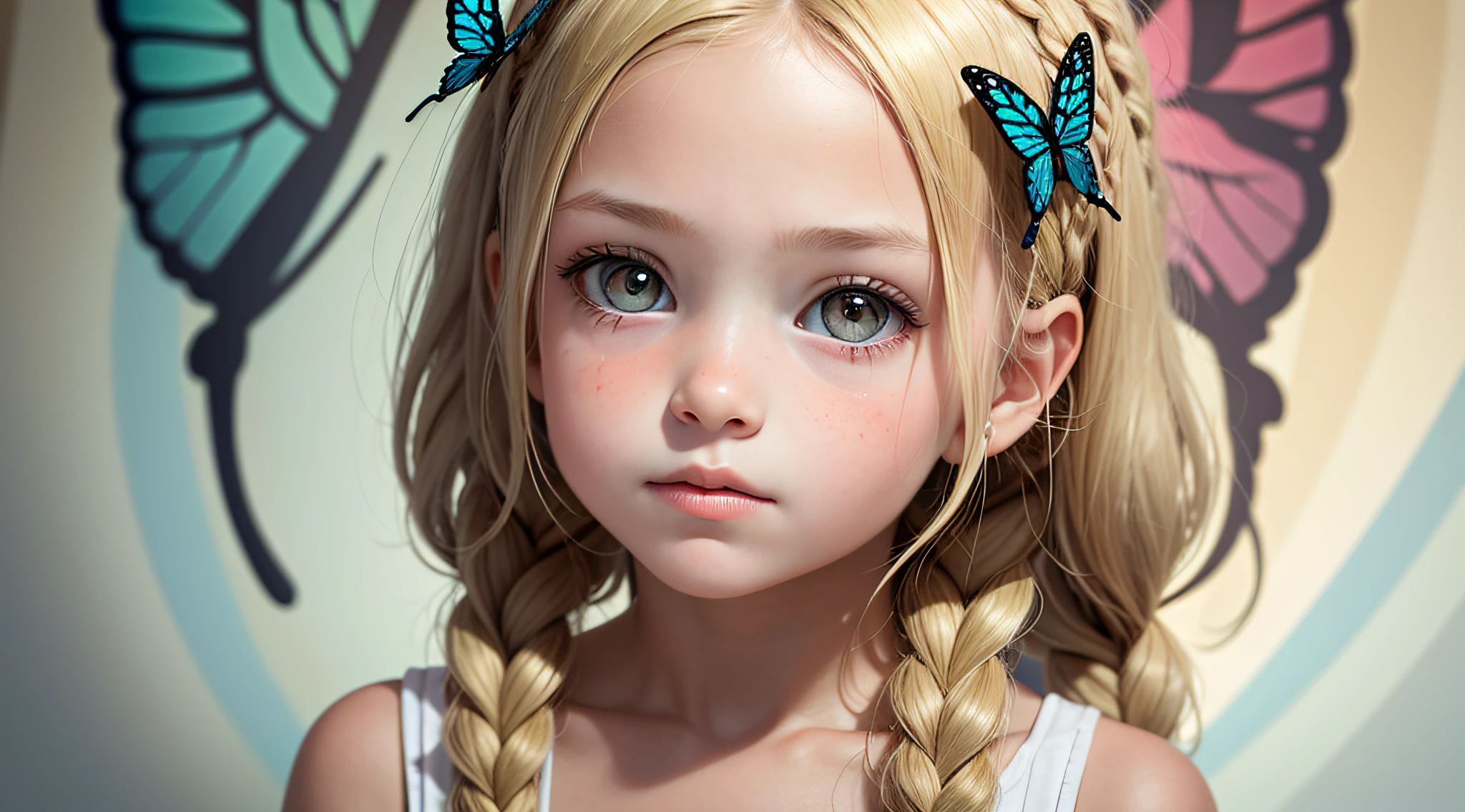 1CHILD GIRL, PORTRAIT , (BUTTERFLY ON HEAD IN BLONDE BRAIDS ), olhos vermelhos brilhantes.