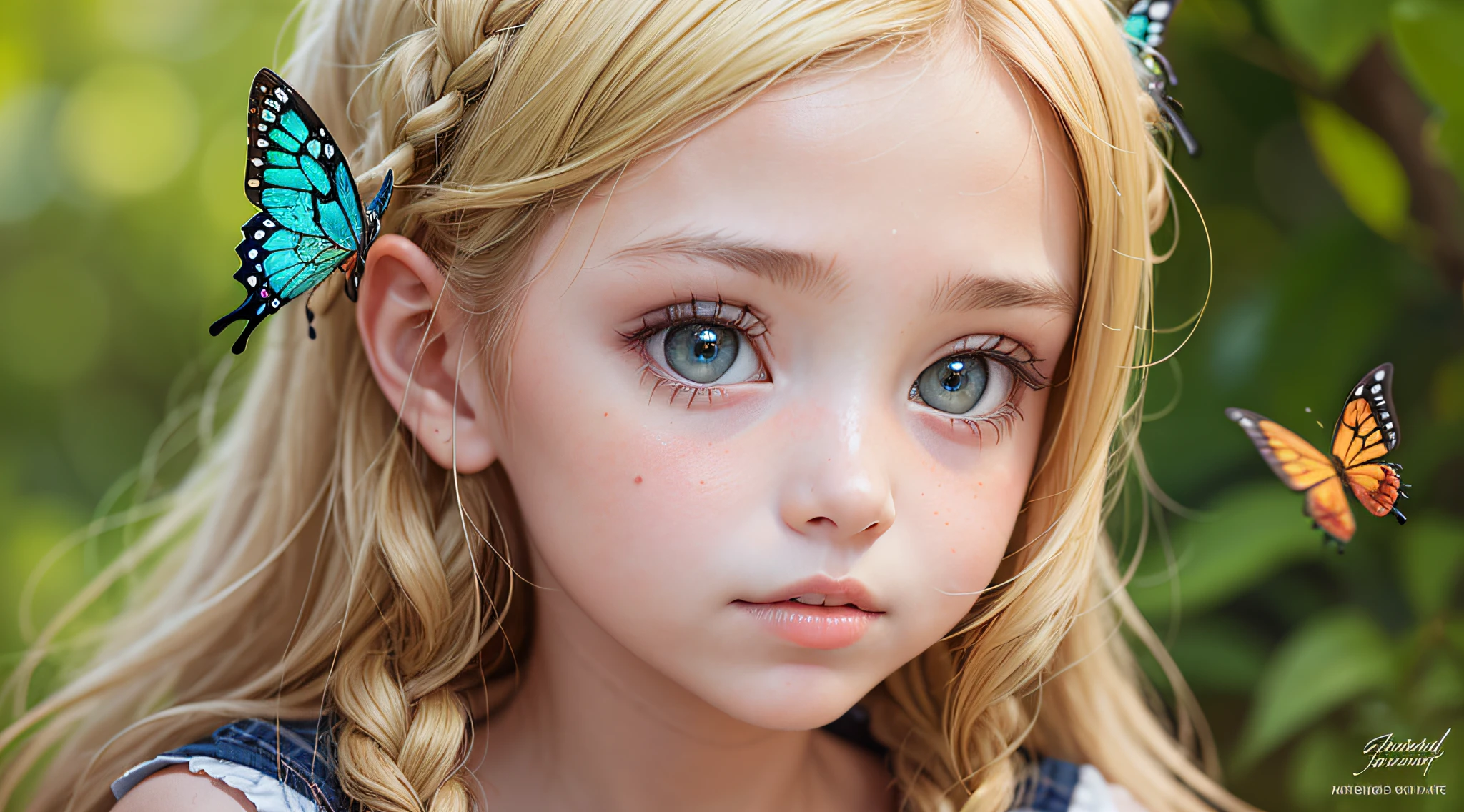 1CHILD GIRL, retrato , (BUTTERFLY ON HEAD IN BLONDE BRAIDS ), olhos vermelhos brilhantes.