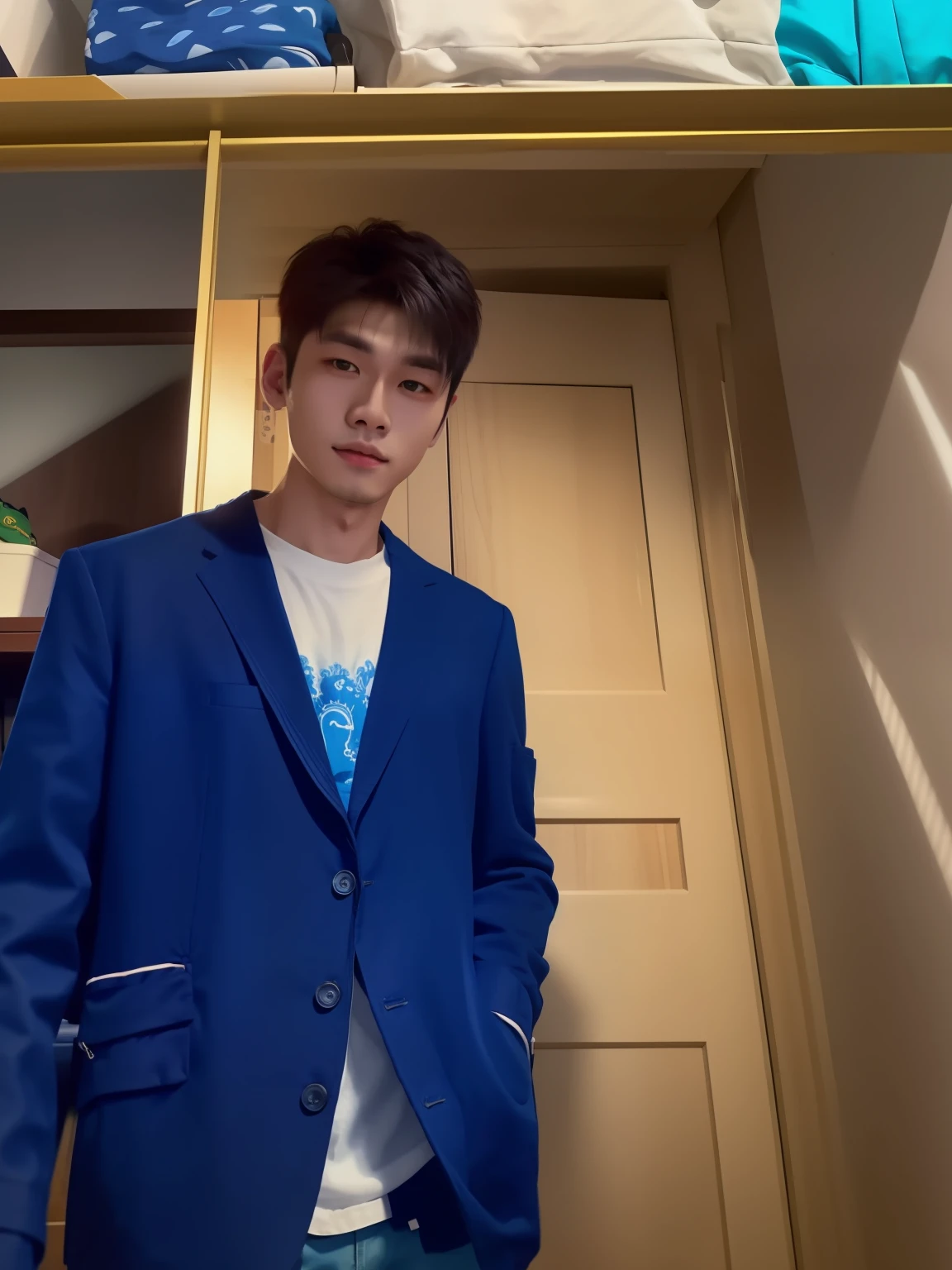 arafed man in a blue jacket and white shirt standing in front of a closet, wenjun lin, xintong chen, yanjun cheng, jinyiwei, yihao ren, zmonzheng, Cai Xukun's, he is wearing a suit, around 1 9 years old, Wang Qichao, Lin Qifeng, peter xiao, Li Zixin