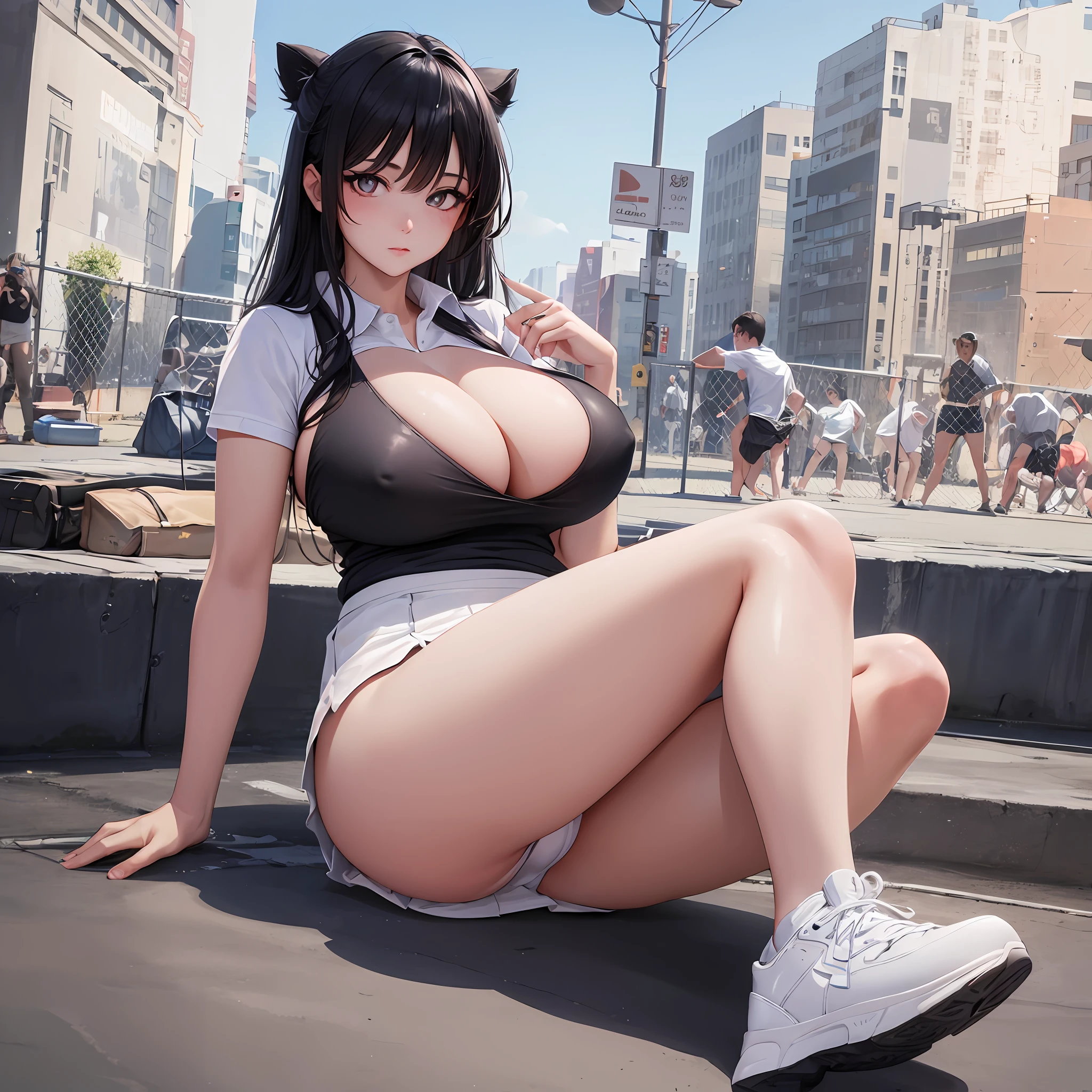 1girll, 独奏, White polo shirt, White sneakers, tennis wear, white mini-skirt, tmasterpiece, Best quality at best, realisticlying, ultra detali, (shiny skins, :1.4), absurderes, looking at viewert, with short black hair, with brown eye,slenderness,Dynamic light and shadow,A high resolution,Sharp focus,depth of fields,The eyes are delicate,Sharp pupils,pupil realistic,(Bigchest:1.6),(Thigh thick:1.0),exteriors,Skysky,skinsuit,Expose most of your ,Protruding the --auto