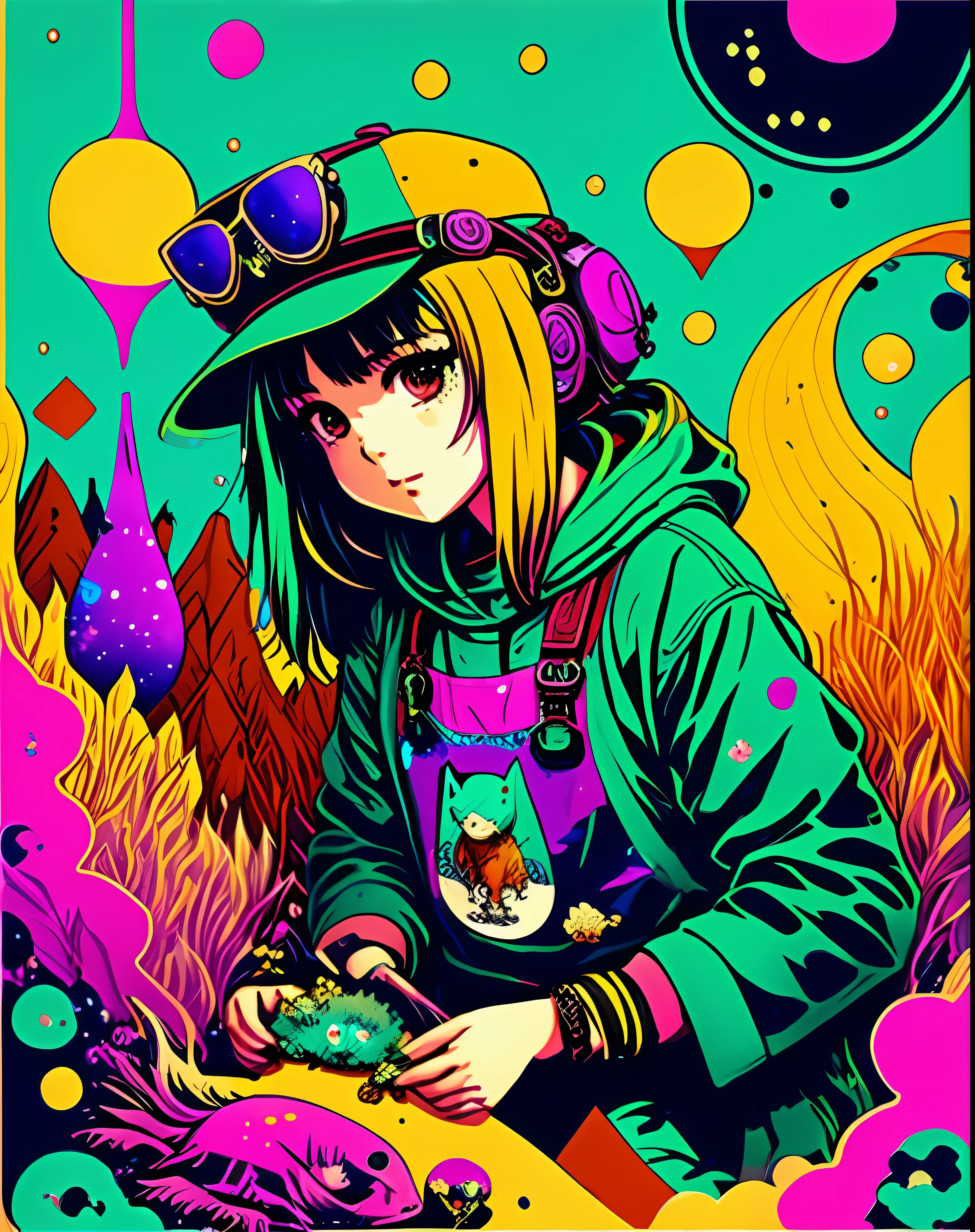 Photo of an explorer with an axolotl as a pet inside the space with a psychedelic backgroun, estilo de Laurie Greasley, Studio Ghibli, Akira Toriyama, James Gilleard, Genshin Impact, Trending Pixiv Fanbox, acrylic palette knife, 8K, cores vibrantes, DevinArt, trendin on artstation, Detalhes baixos, escrita em letras estilo rock n roll, a palavra KAMIZART.COM