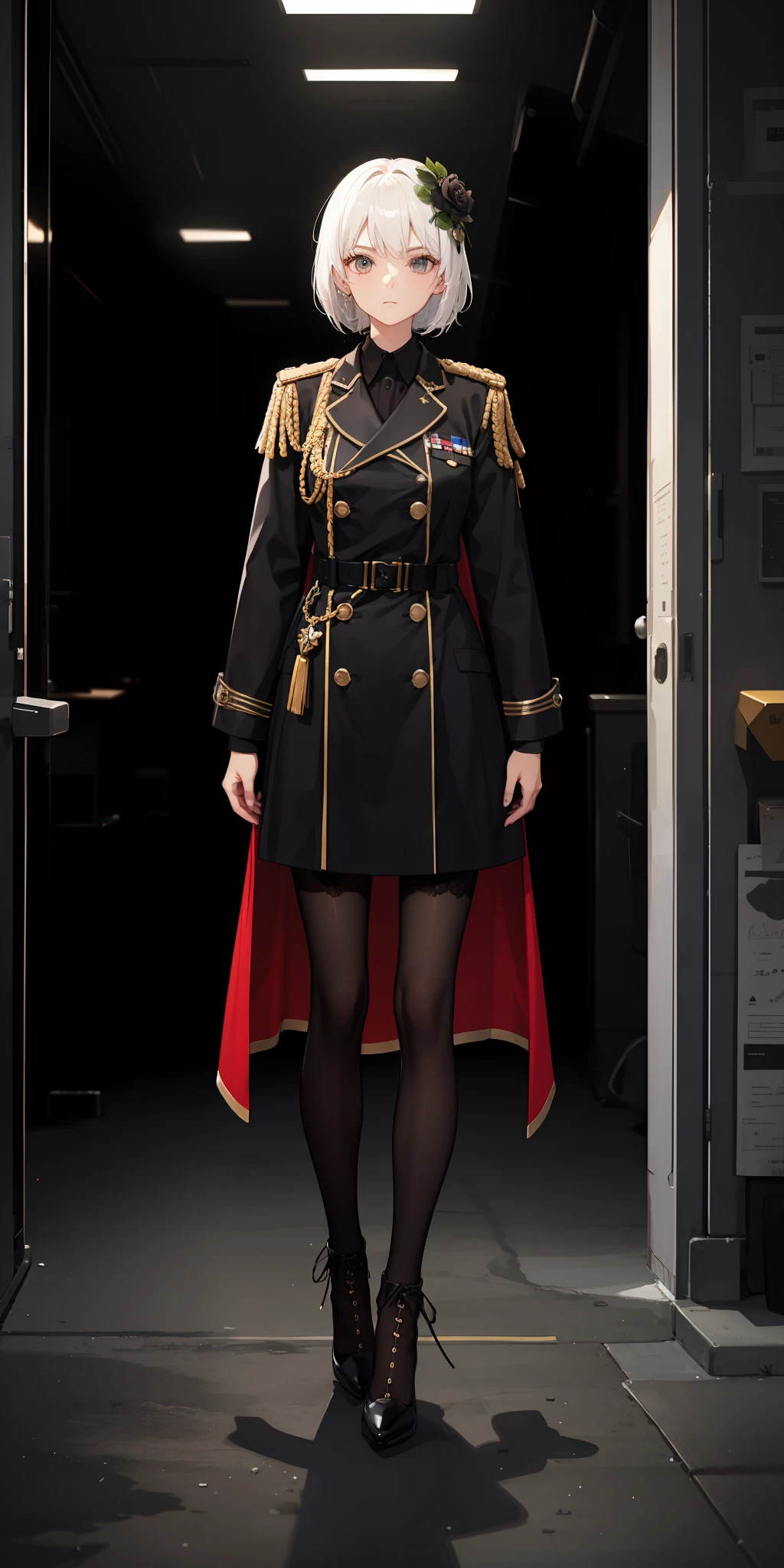 1girll,white color hair,Wear a black flower on your head,Wearing a black gauze tights,Wear a black wristband,Black lace-up heels,Wearing a black military uniform overcoat,The inside of the coat is red,perfectly proportioned, Cinematic lighting, filmgrain, Fujicolor, lightand shade contrast, 8K, 巨作, Textured skin, Super detail, hoog detail, High quality, A high resolution,