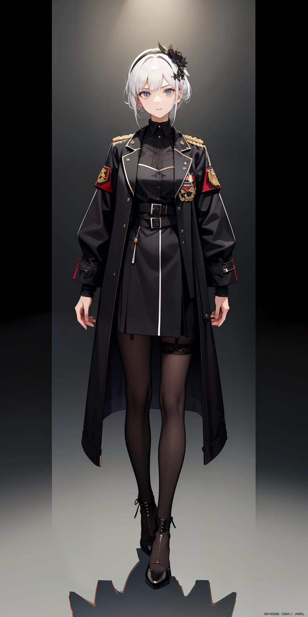 1girll,white color hair,Wear a black flower on your head,Wearing a black gauze tights,Wear a black wristband,Black lace-up heels,Wearing a black military uniform overcoat,The inside of the coat is red,perfectly proportioned, Cinematic lighting, filmgrain, Fujicolor, lightand shade contrast, 8K, 巨作, Textured skin, Super detail, hoog detail, High quality, A high resolution,