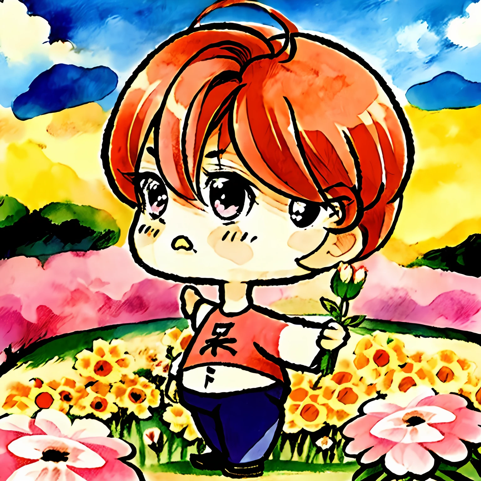 Cartoon boy holding flowers in flower field, Cartoon Cute, Anime Prairie Official Doujin, tchibi, chibi anime, Chibi Art, advanced digital chibi art, in an anime style, Prairie Boys, inspired by Takehisa Yumeji, inspired by Awataguchi Takamitsu, inspired by Un'ichi Hiratsuka, Prairie style --auto