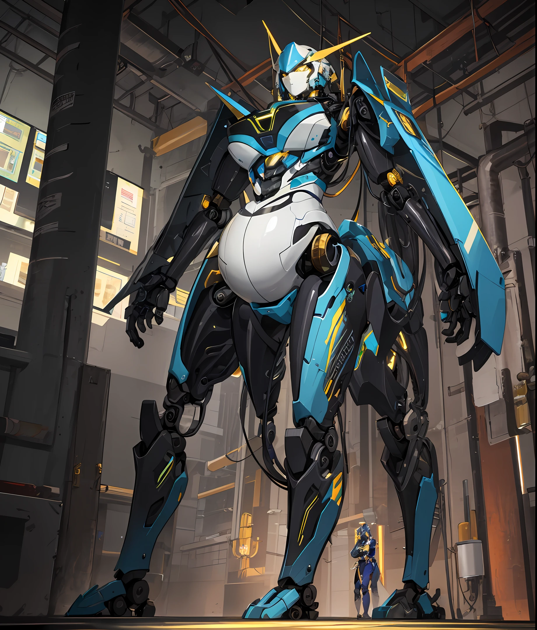 ((tmasterpiece,best qualtiy)),illustratio,Ultra-detailed 8K,Hphotorealistic,Clear focus,A highly detailed,Professional lighting,Colorful Detailed,Rainbow color BREAK factory super long shot,(1. Large mechanical robot),micro Chip,computers,with light glowing,Complicated details,shitu-mecha,1girl scaled down and stood in front of the audience,Pregnant potbelly