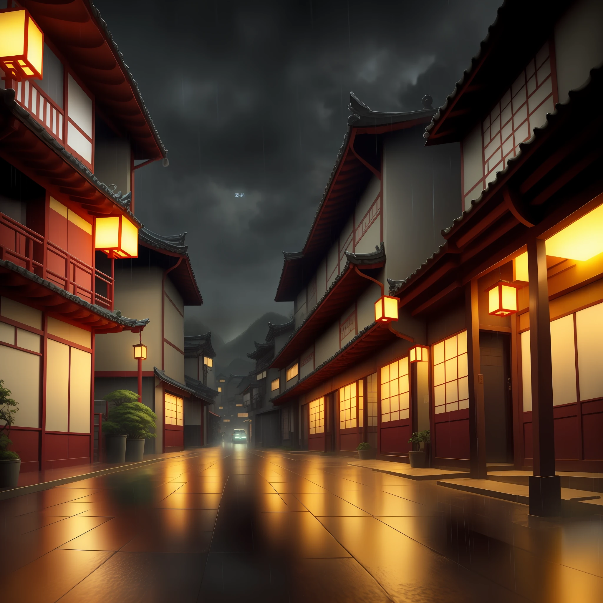 arafed view of a village with a lot of lights on the buildings, dreamy chinese town, chinese village, amazing wallpaper, japanese town, japanese village, hyper realistic photo of a town, old asian village, japanese city, by Raymond Han, rainy evening, cyberpunk chinese ancient castle, beautifully lit buildings, at evening during rain, beautiful and aesthetic, photography, cinematic, 8k, high detailed ((Heavy rain)))
