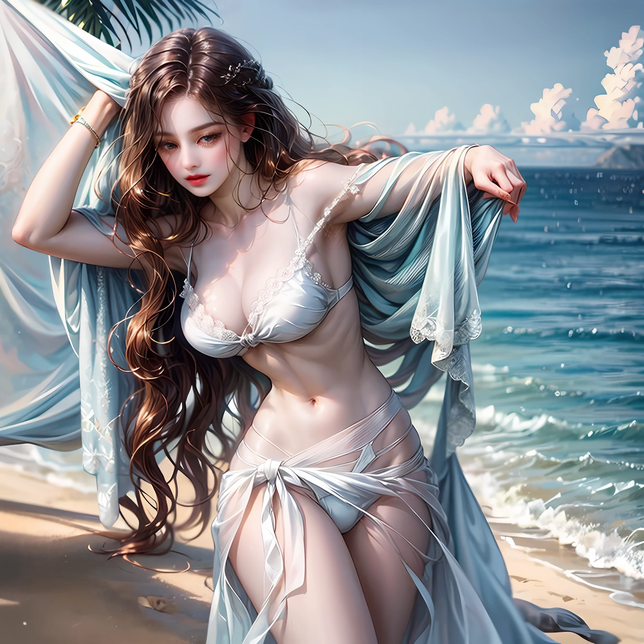 beautfull woman,white bikini,sandbeach,Sunnyday,the sea,Hands on your back,White Very Long Hair --auto