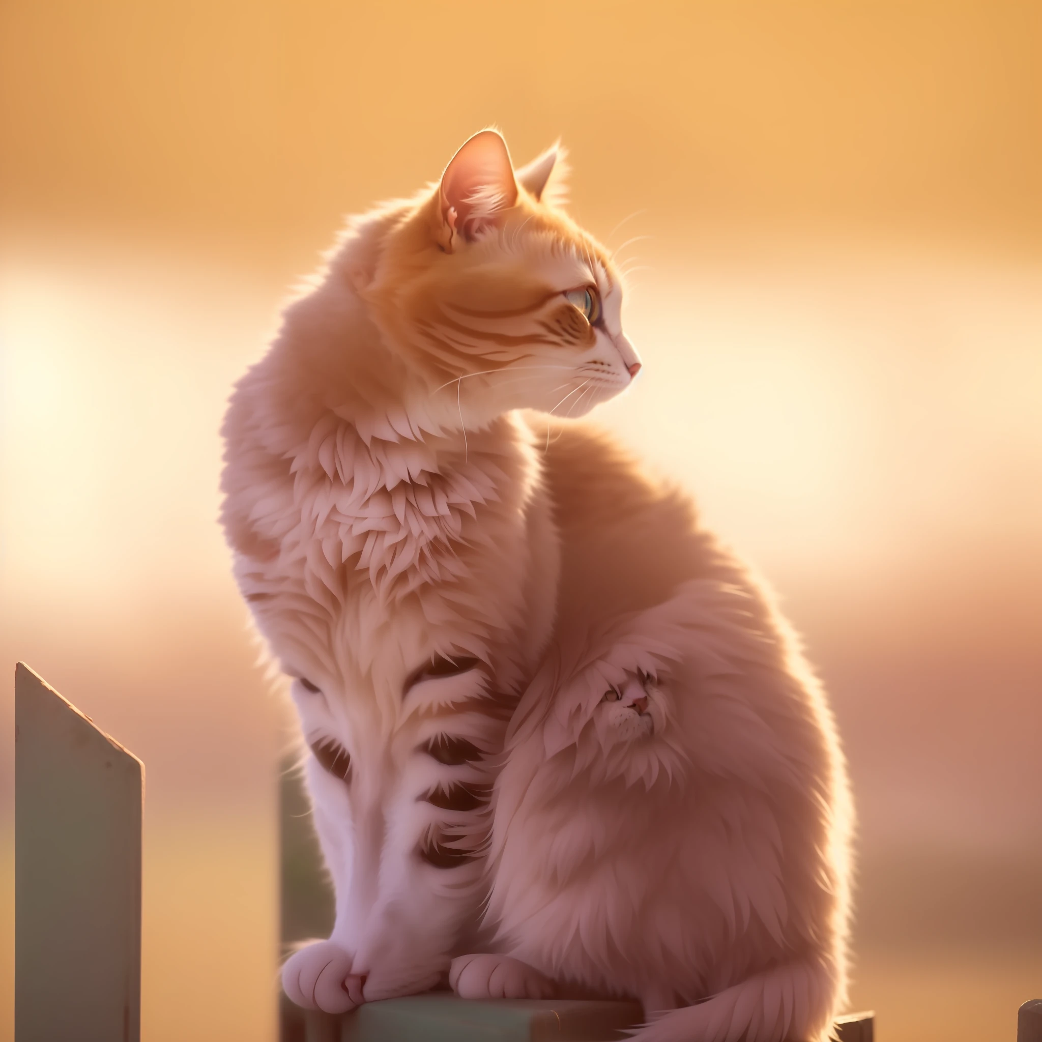 A cute cute cat sitting on a fence, Show a thoughtful gesture of deep thought。Watch the sunset in the golden morning light, Awesome cat photos full of peaceful expression and thoughtful feelings, Its beautiful amber morning light and warm golden hour are even more pleasant。