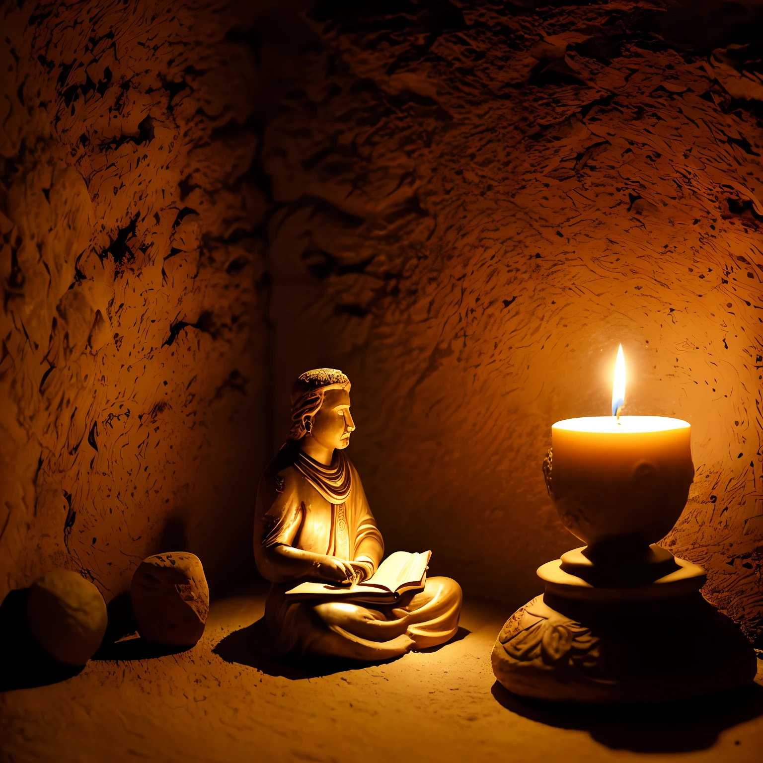 a serene candlelit room adorned with ancient scriptures and religious artifacts, a contemplative atmosphere, with a solitary figure sitting in deep reflection, the soft glow illuminating their face and highlighting the wisdom and introspection, Sculpture, using clay and bronze to create a textured and lifelike representation, --ar 1:1 --v 5 --auto