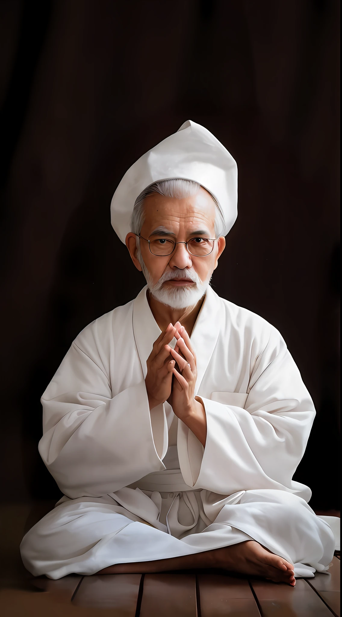An 80-year-old,Flower white beard,Old man Alawi sitting on a wooden floor in a white robe,bald-headed, Old monk in nun clothes, Red cassock,blessing hand, wearing white robes with, wearing long white togas, dressed in simple robes, Wearing a white robe, Portrait shooting, Innocence, white daoist robes, jaeyeon nam, Buddhist, oud, oud,No hair,Serene expression, dressed in simple robes, close up portrait shot