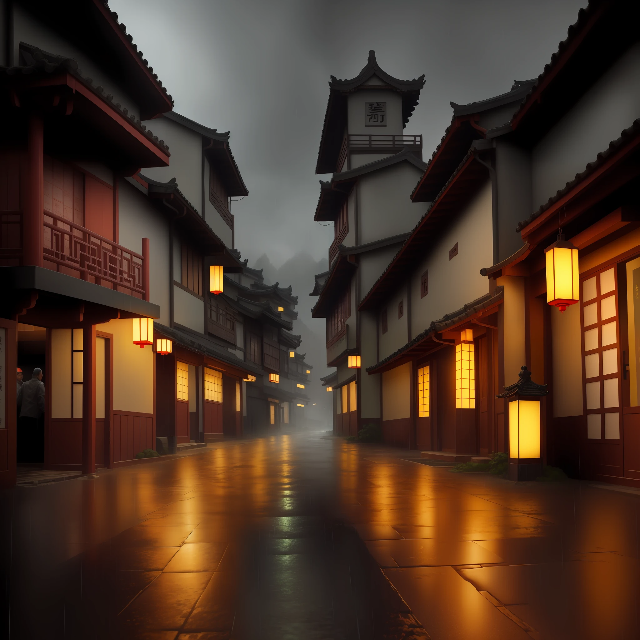arafed view of a village with a lot of lights on the buildings, dreamy chinese town, chinese village, amazing wallpaper, japanese town, japanese village, hyper realistic photo of a town, old asian village, japanese city, by Raymond Han, rainy evening, cyberpunk chinese ancient castle, beautifully lit buildings, at evening during rain, beautiful and aesthetic, photography, cinematic, 8k, high detailed ((Heavy rain)))