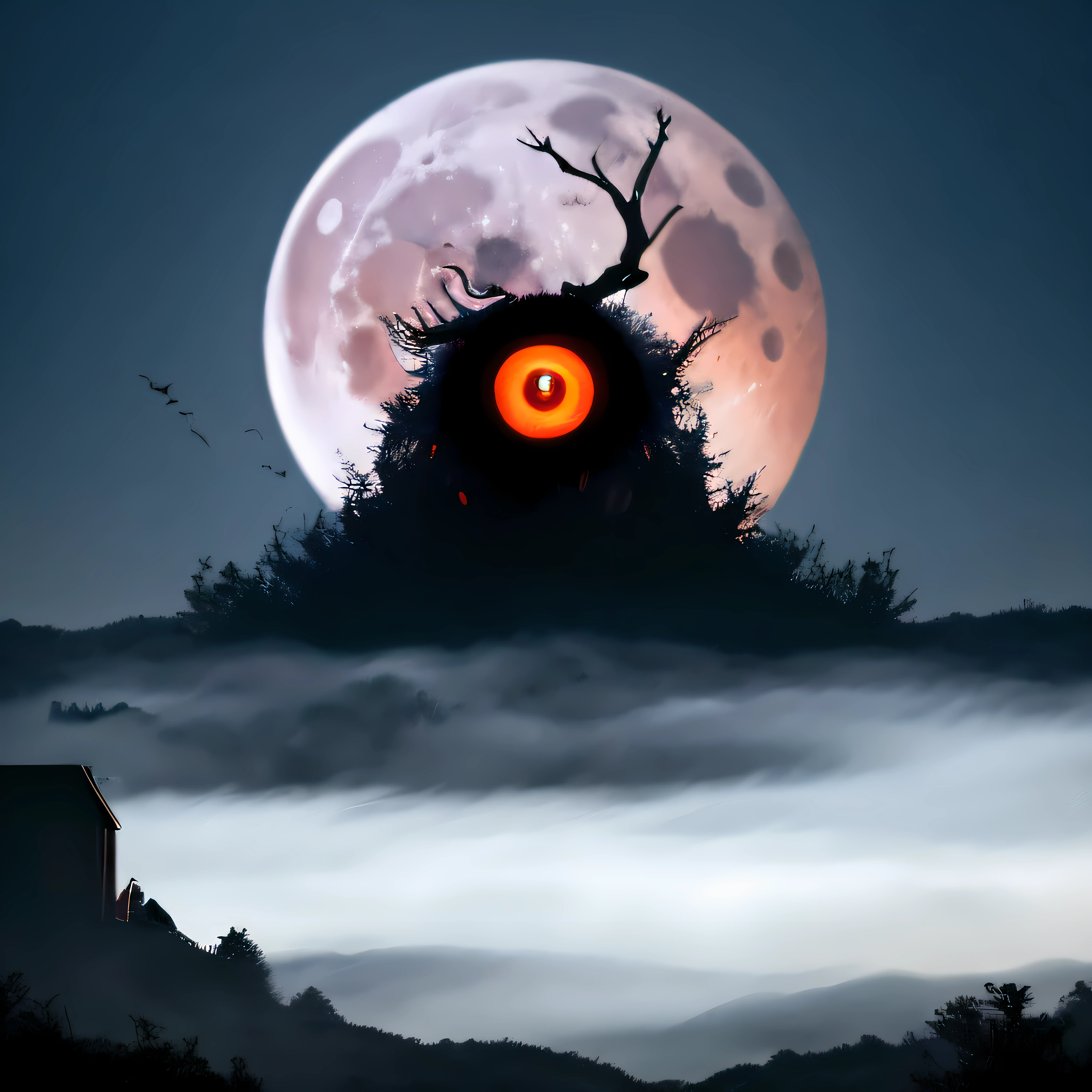 best quality, masterpiece,
a monster, god, holy, fog, big red bleeding eye and blood moon as background,
elden ring, beagle