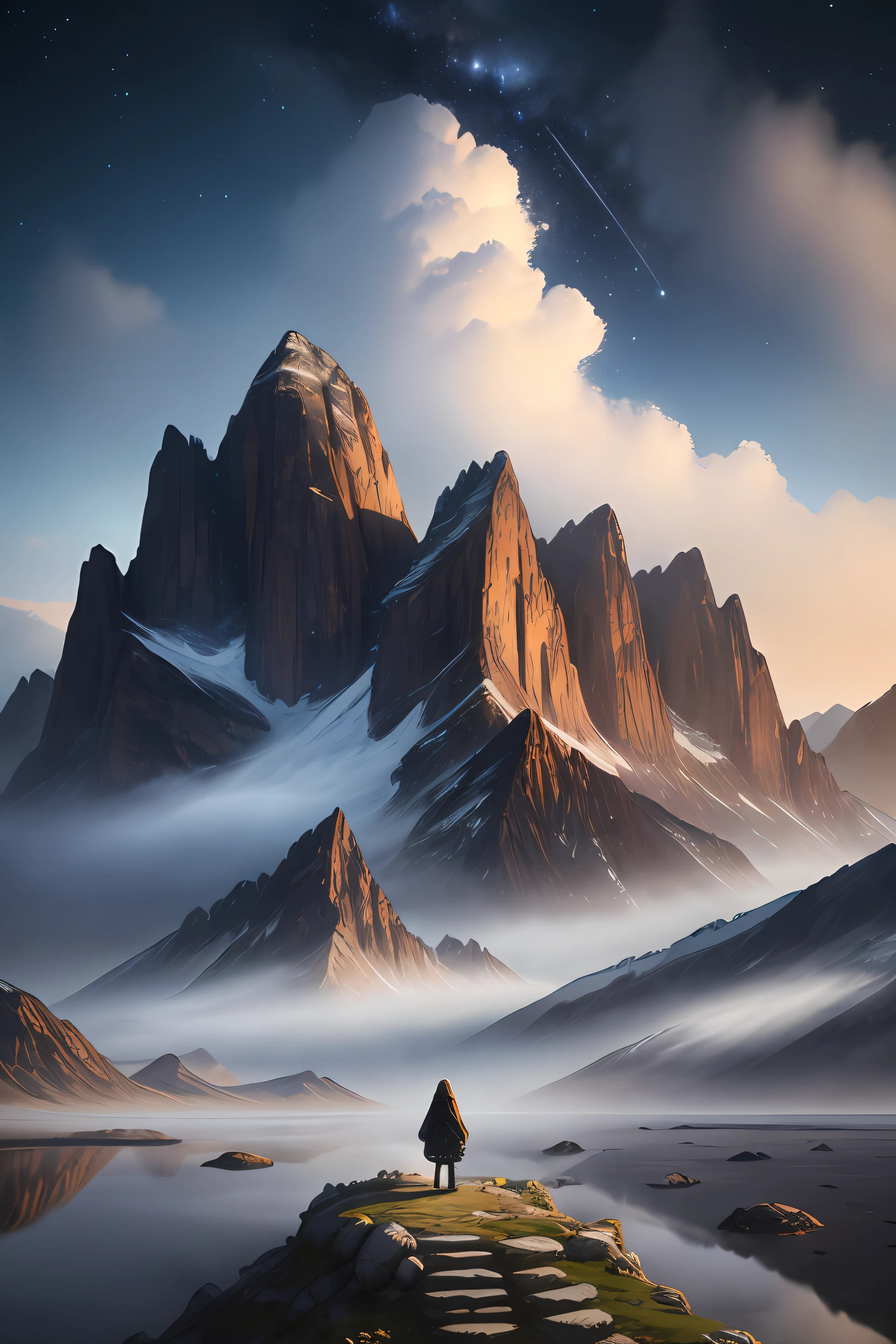 The ultimate real mountain mist permeates the rugged mountains,The sound of ancient lakes over a thousand years is slow,Her picturesque face is fascinating,Starry nights guard her,Realistic scene rendering,Capture photorealistic realism,Characterize with 8K resolution。